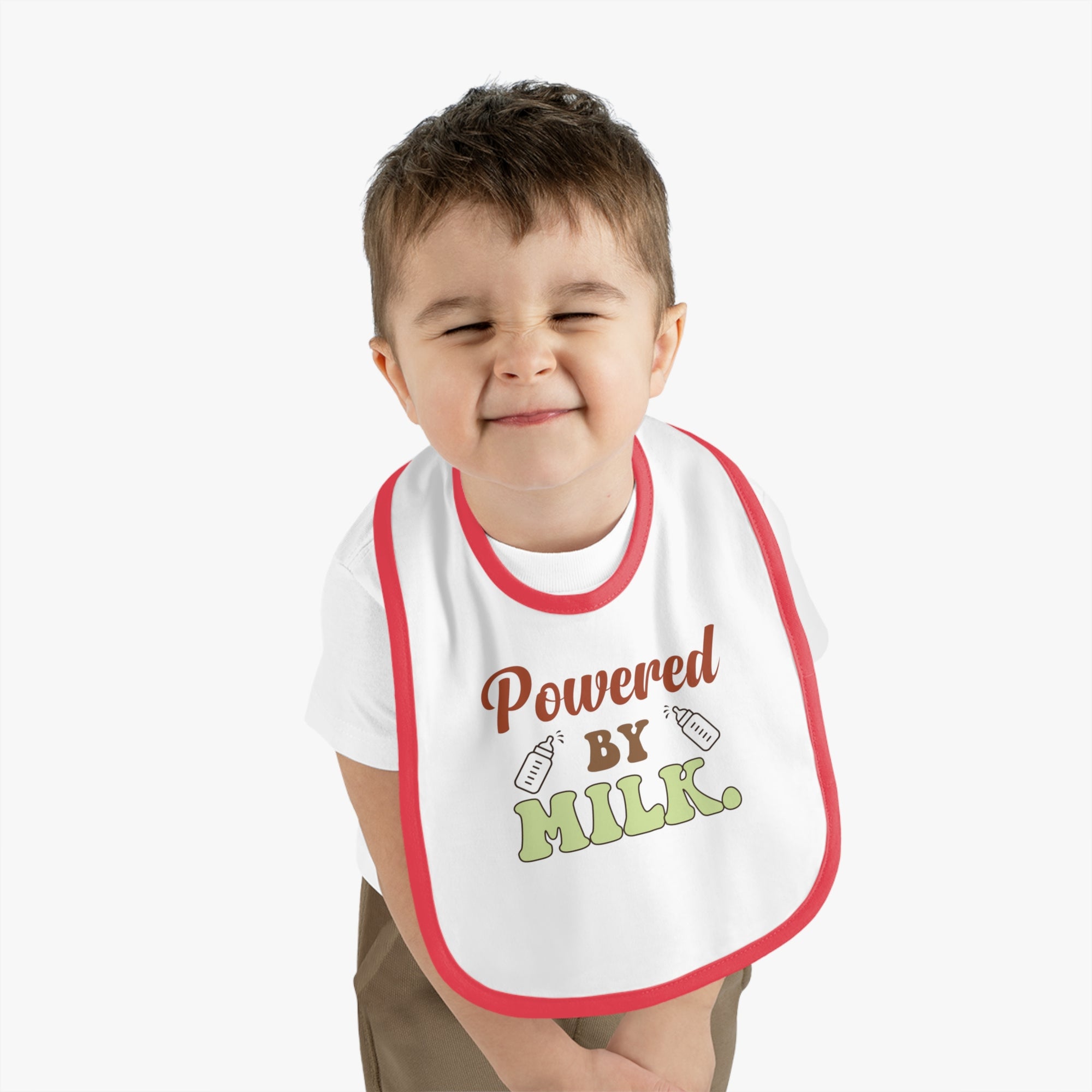 Powered by Milk Baby Bib - Cute Contrast Trim Jersey Bib for Infants
