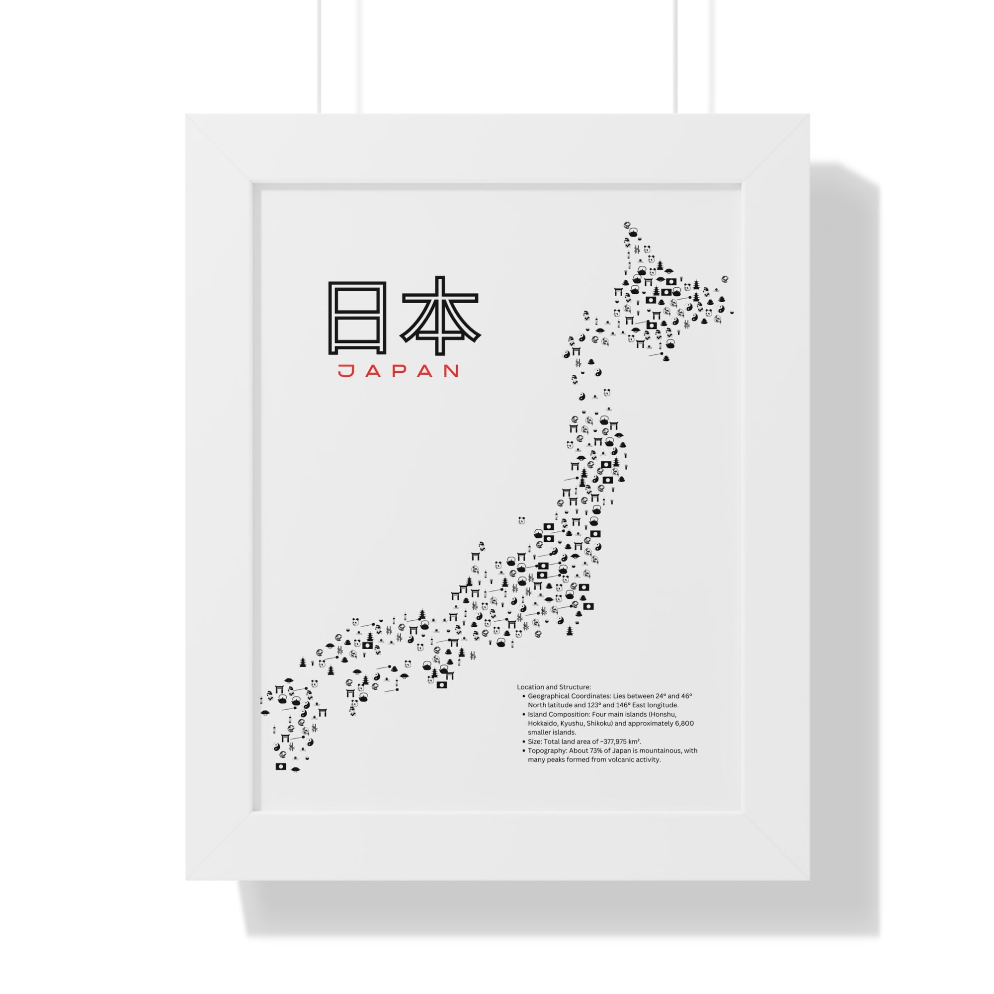 Aesthetic Japan Map in White - Framed Vertical Poster