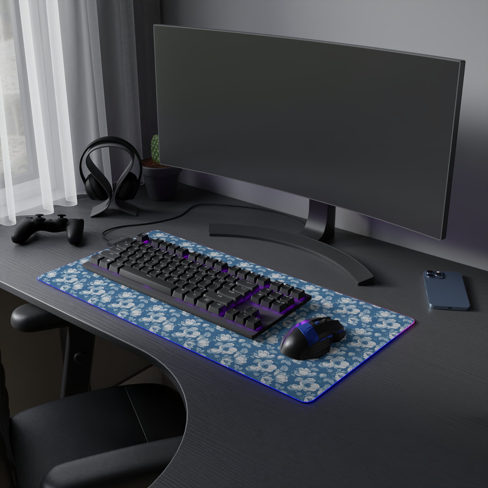 Floral LED Gaming Mouse Pad - Elegant Blue Design for Gamers