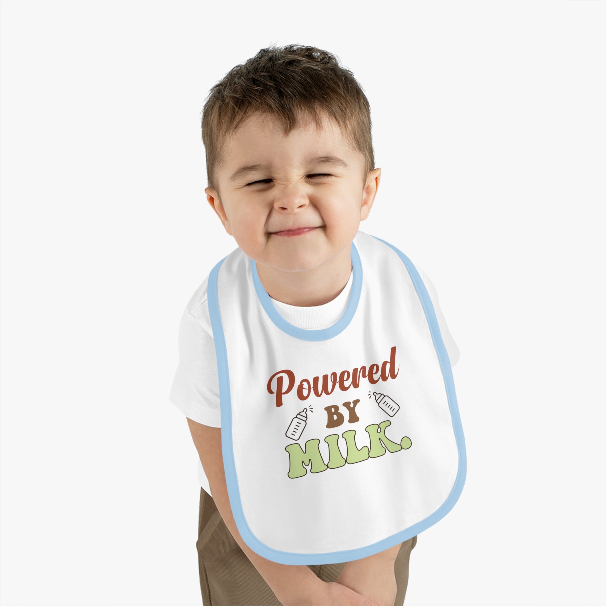 Powered by Milk Baby Bib - Cute Contrast Trim Jersey Bib for Infants