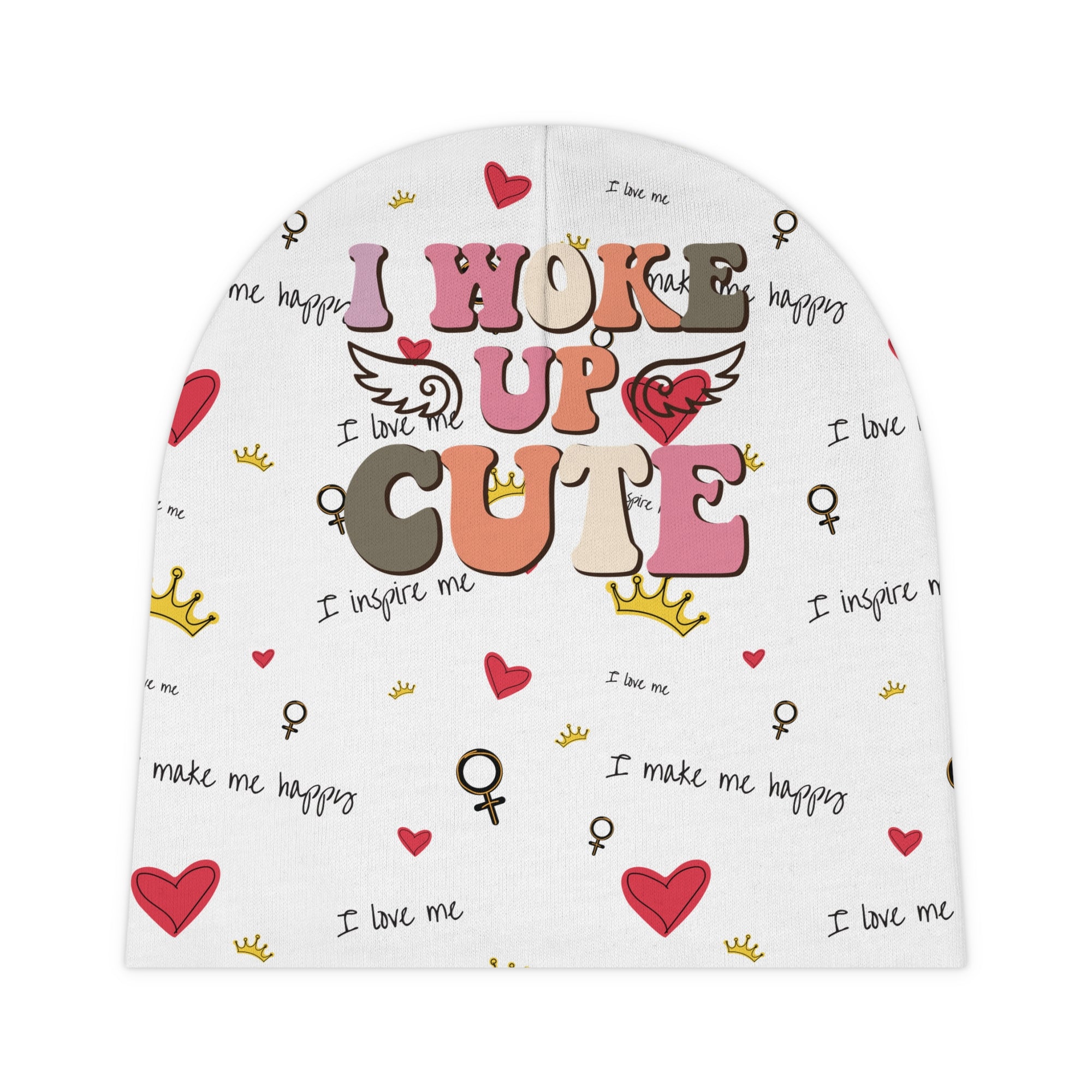 Cute Baby Beanie - "I Woke Up Cute" Design with Hearts & Wings