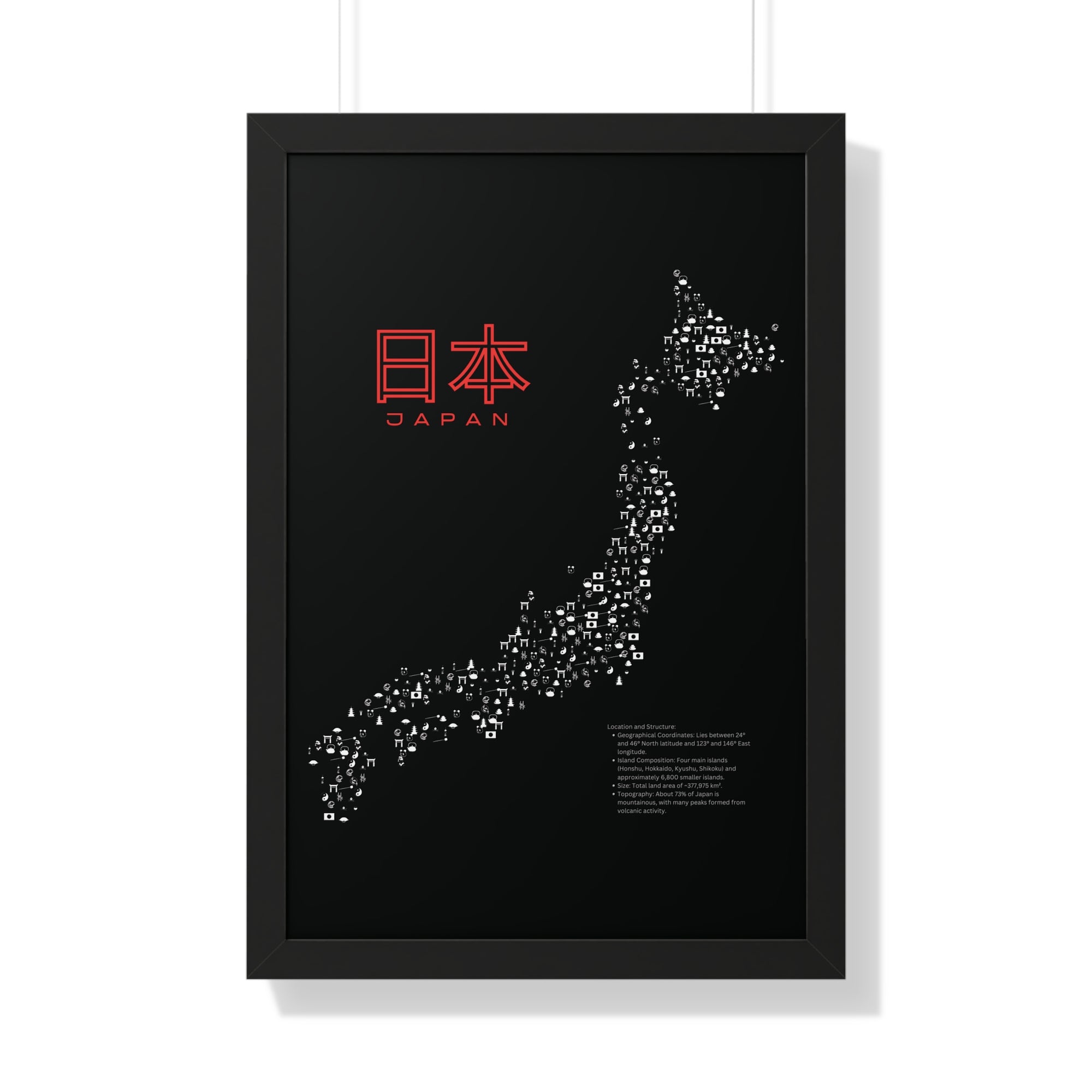 Aesthetic Japan Map in Black - Framed Vertical Poster