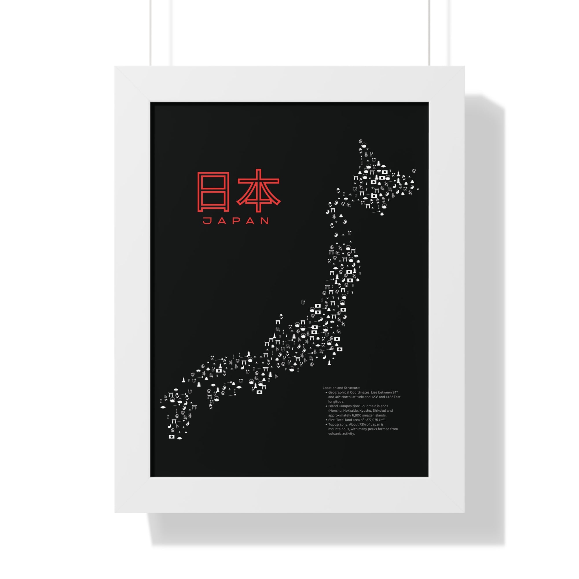 Aesthetic Japan Map in Black - Framed Vertical Poster
