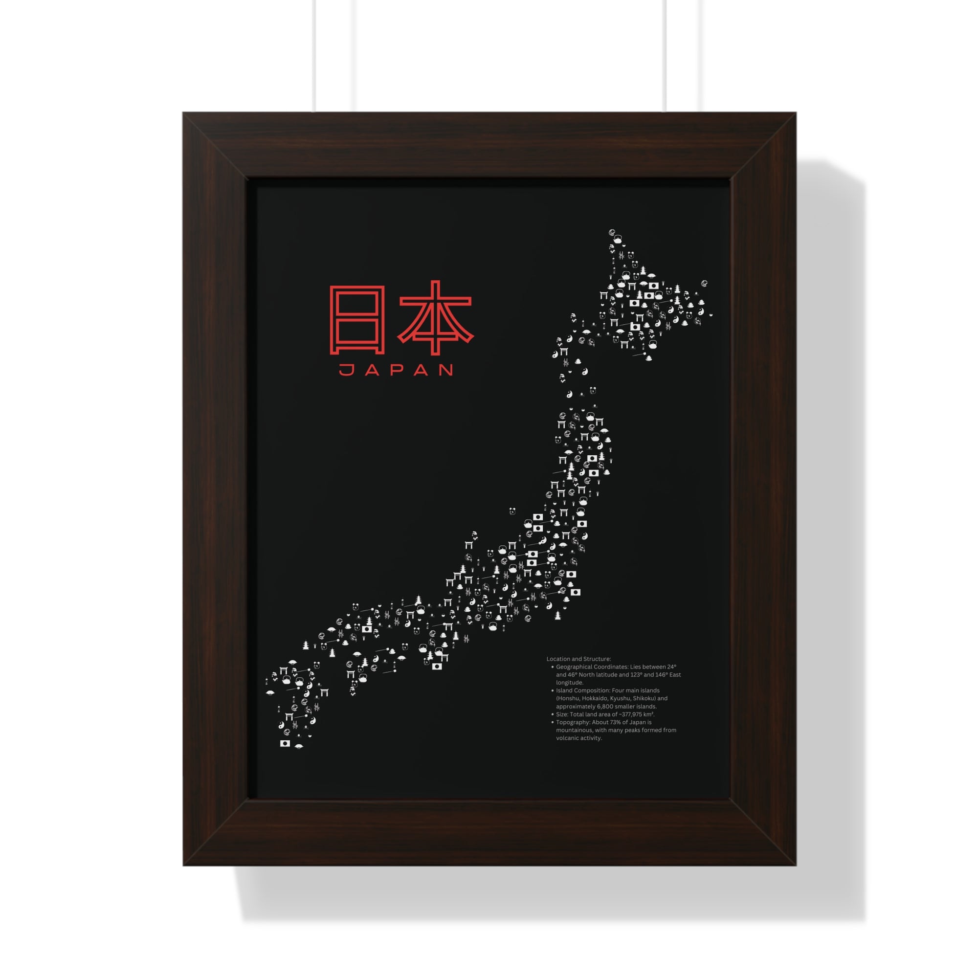 Aesthetic Japan Map in Black - Framed Vertical Poster