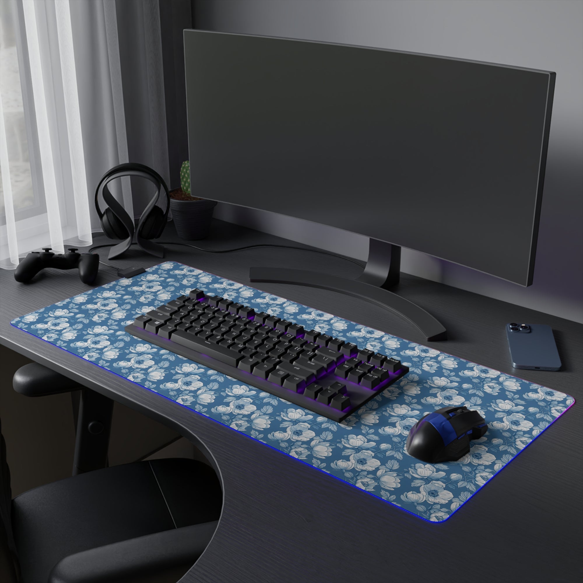 Floral LED Gaming Mouse Pad - Elegant Blue Design for Gamers