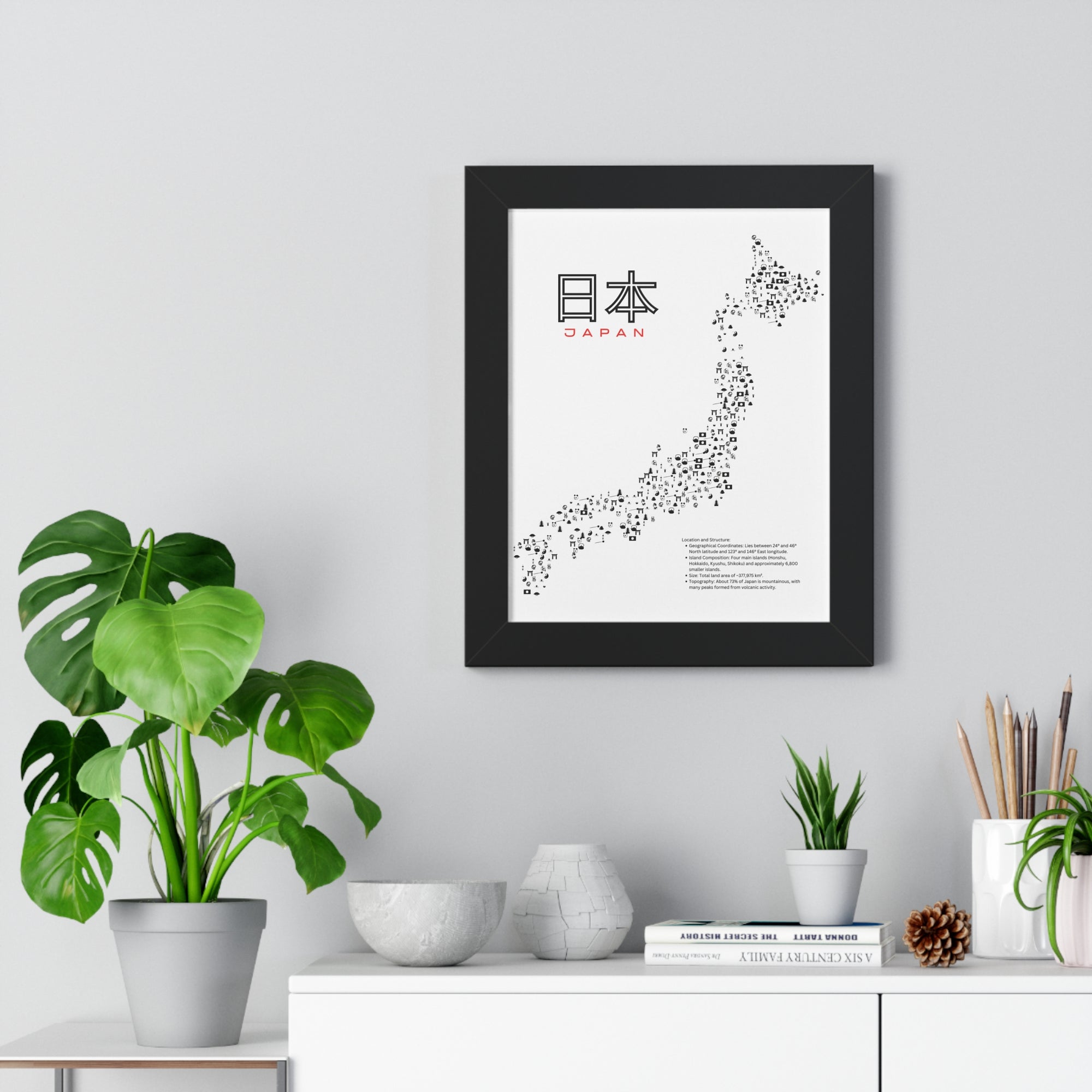 Aesthetic Japan Map in White - Framed Vertical Poster