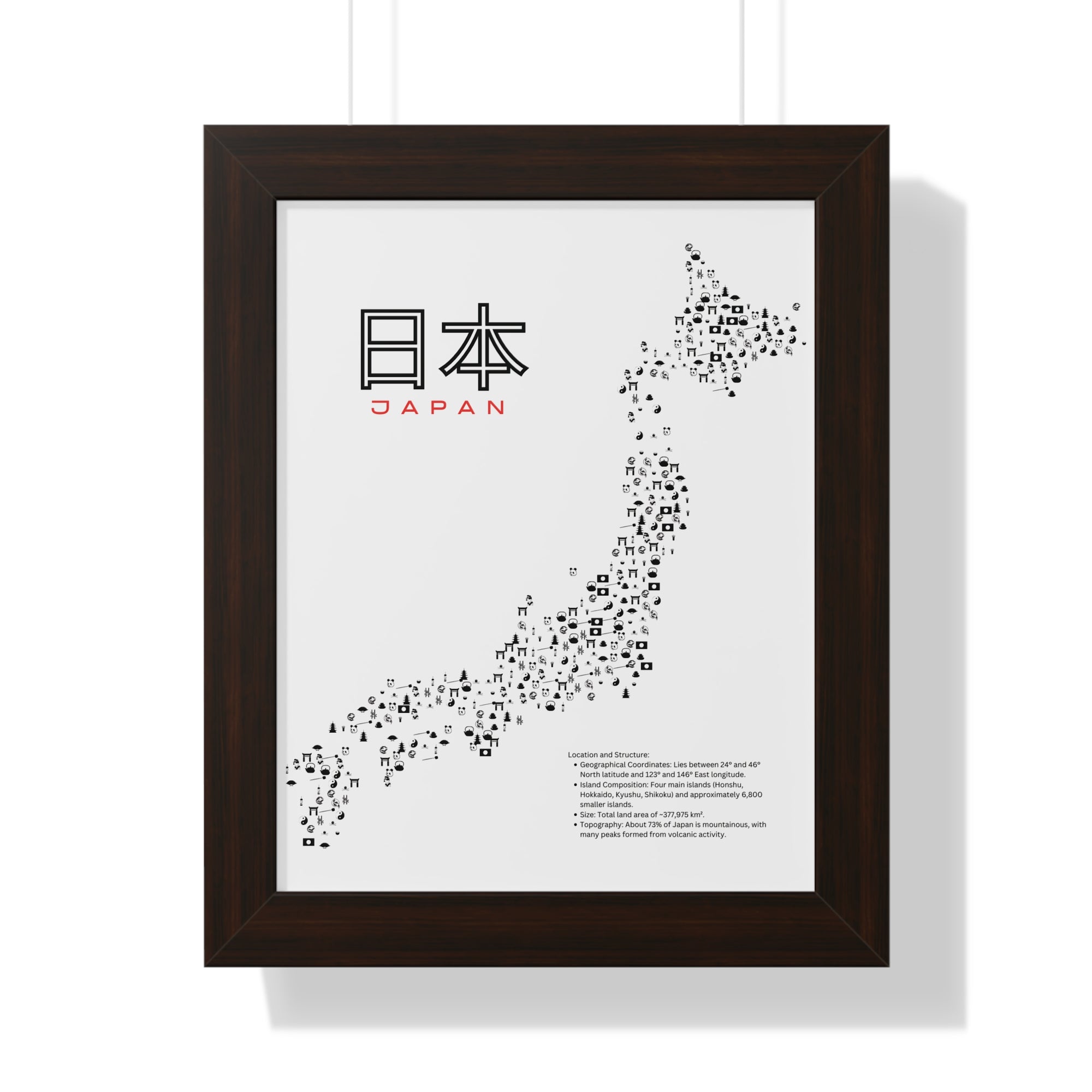 Aesthetic Japan Map in White - Framed Vertical Poster