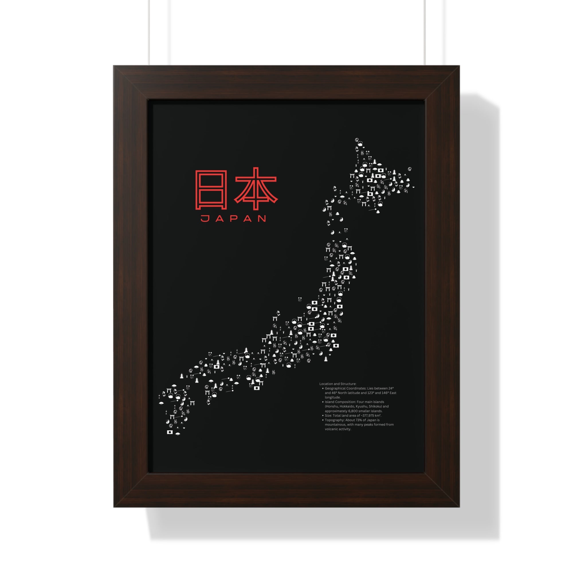 Aesthetic Japan Map in Black - Framed Vertical Poster