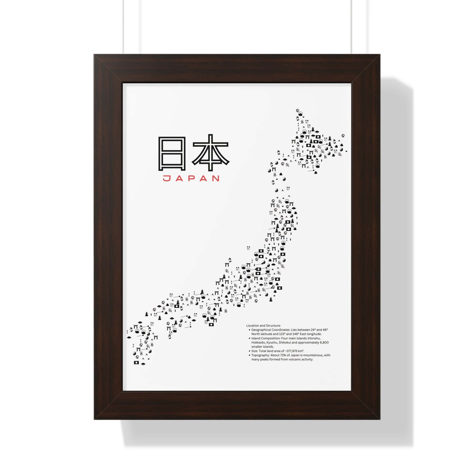 Aesthetic Japan Map in White - Framed Vertical Poster