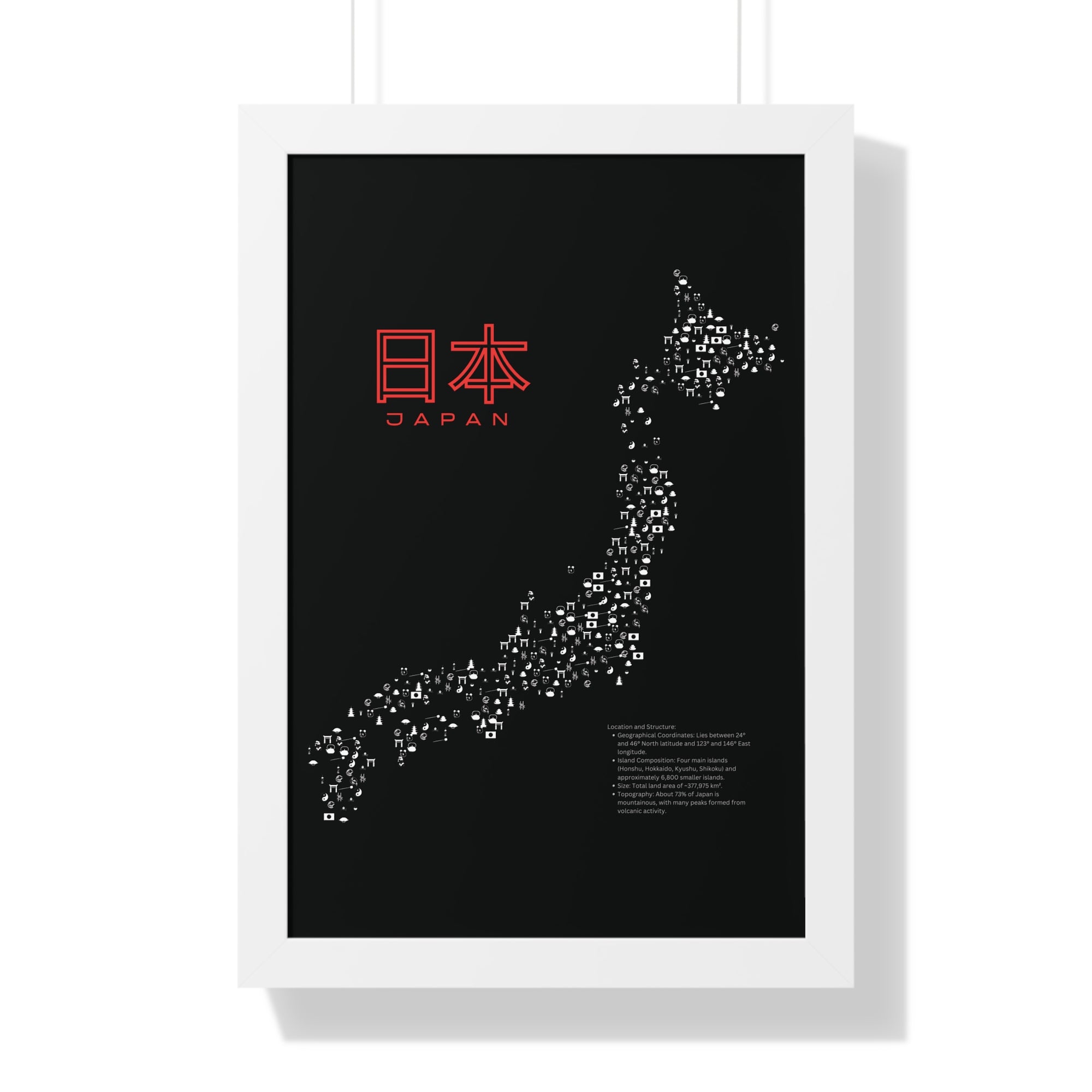 Aesthetic Japan Map in Black - Framed Vertical Poster