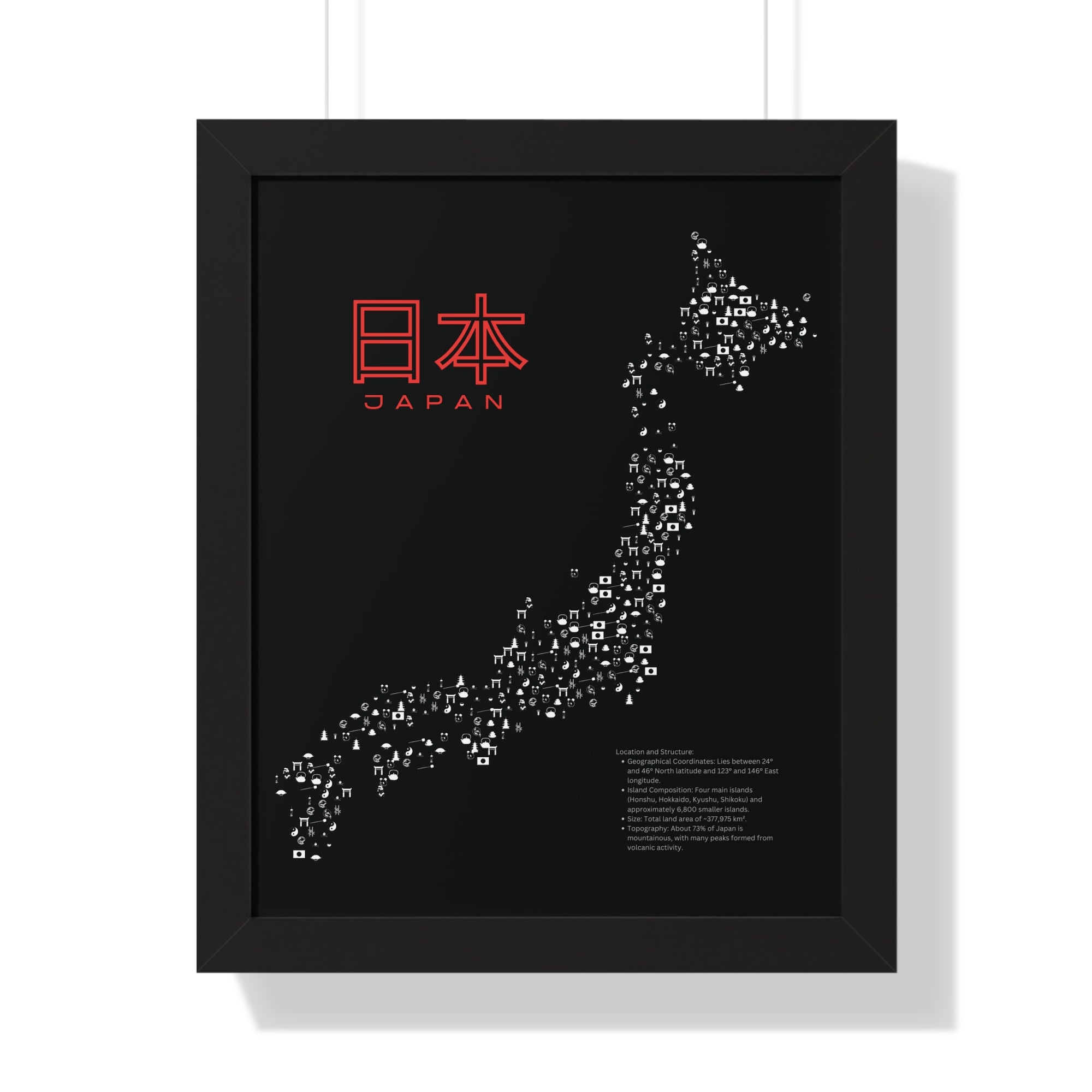 Aesthetic Japan Map in Black - Framed Vertical Poster