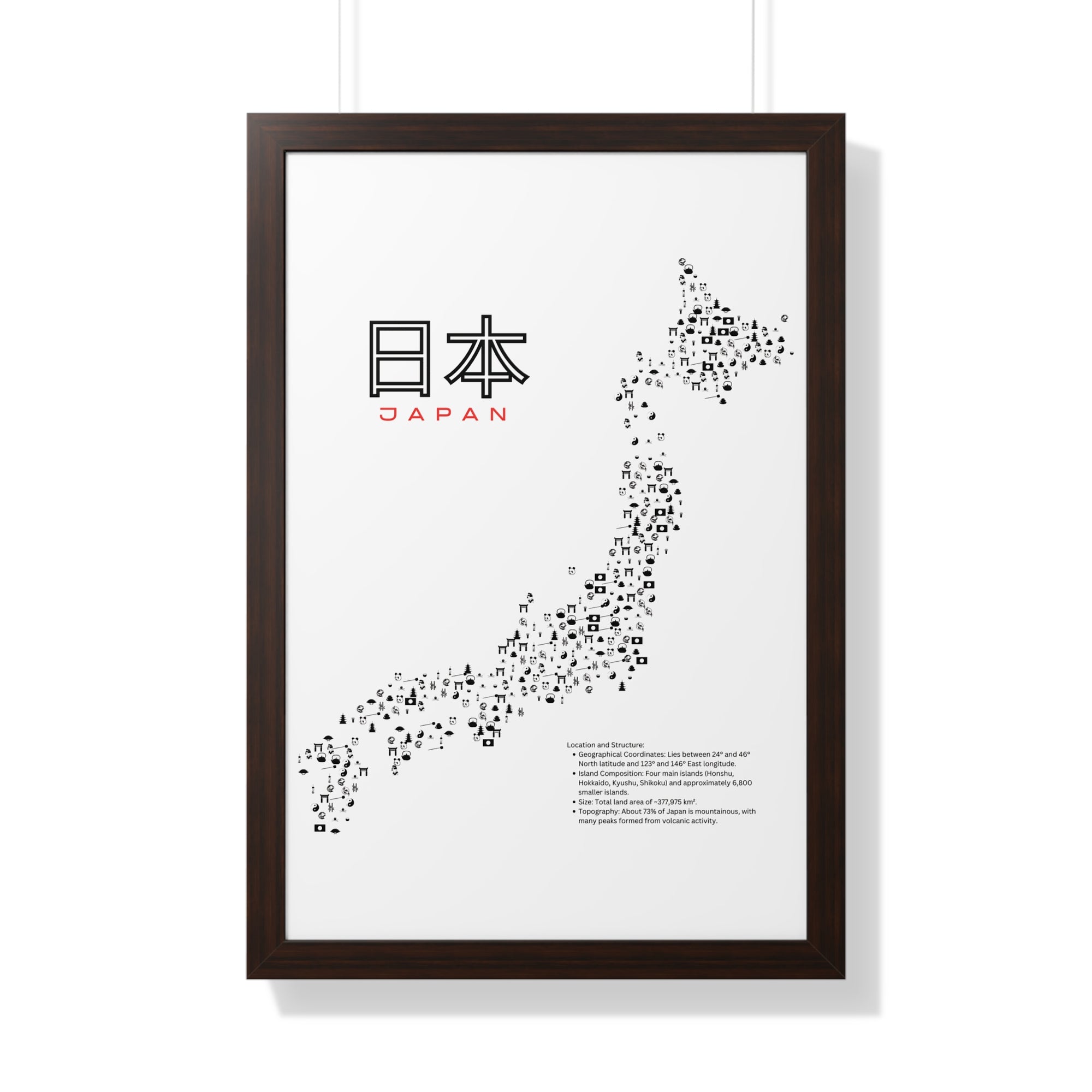 Aesthetic Japan Map in White - Framed Vertical Poster