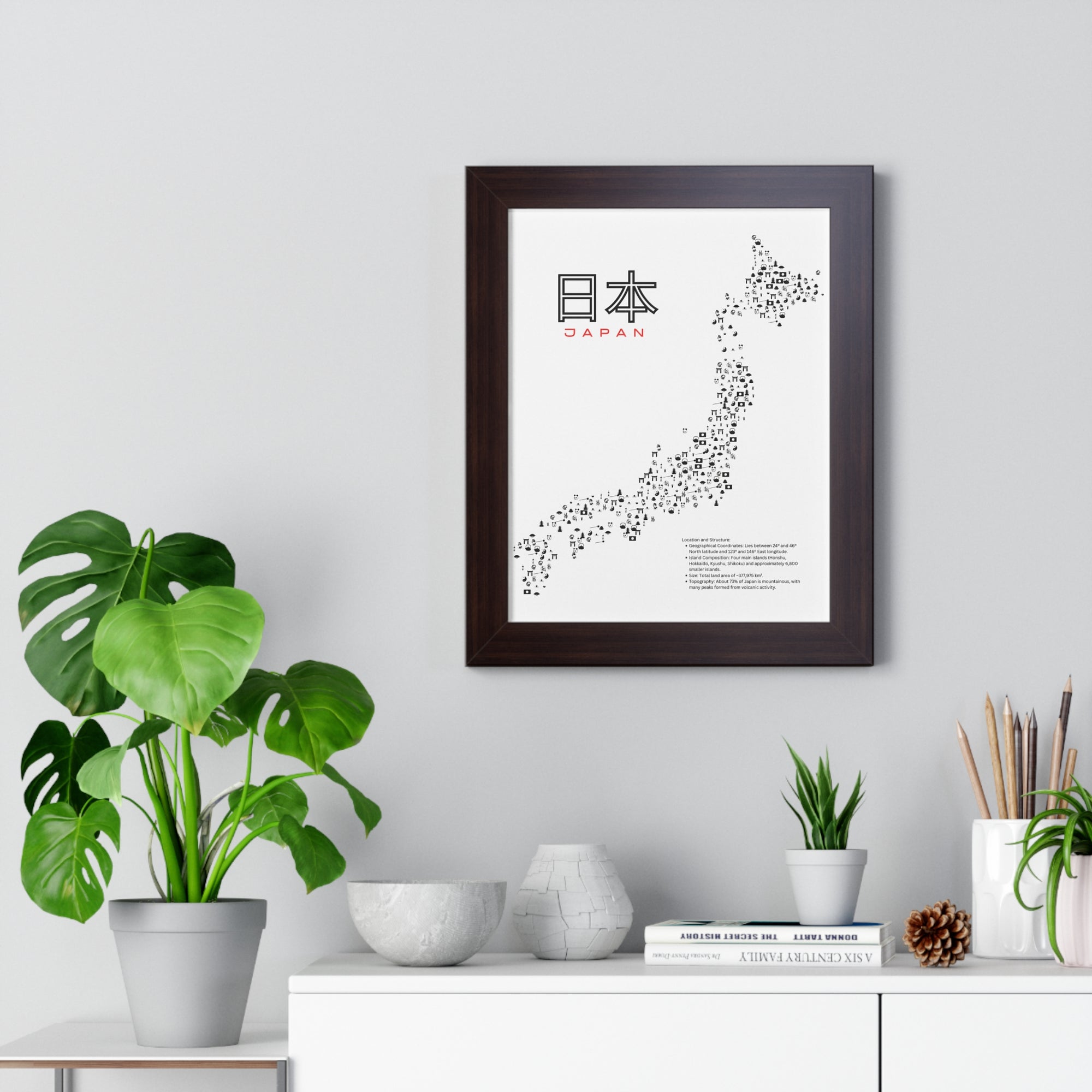 Aesthetic Japan Map in White - Framed Vertical Poster