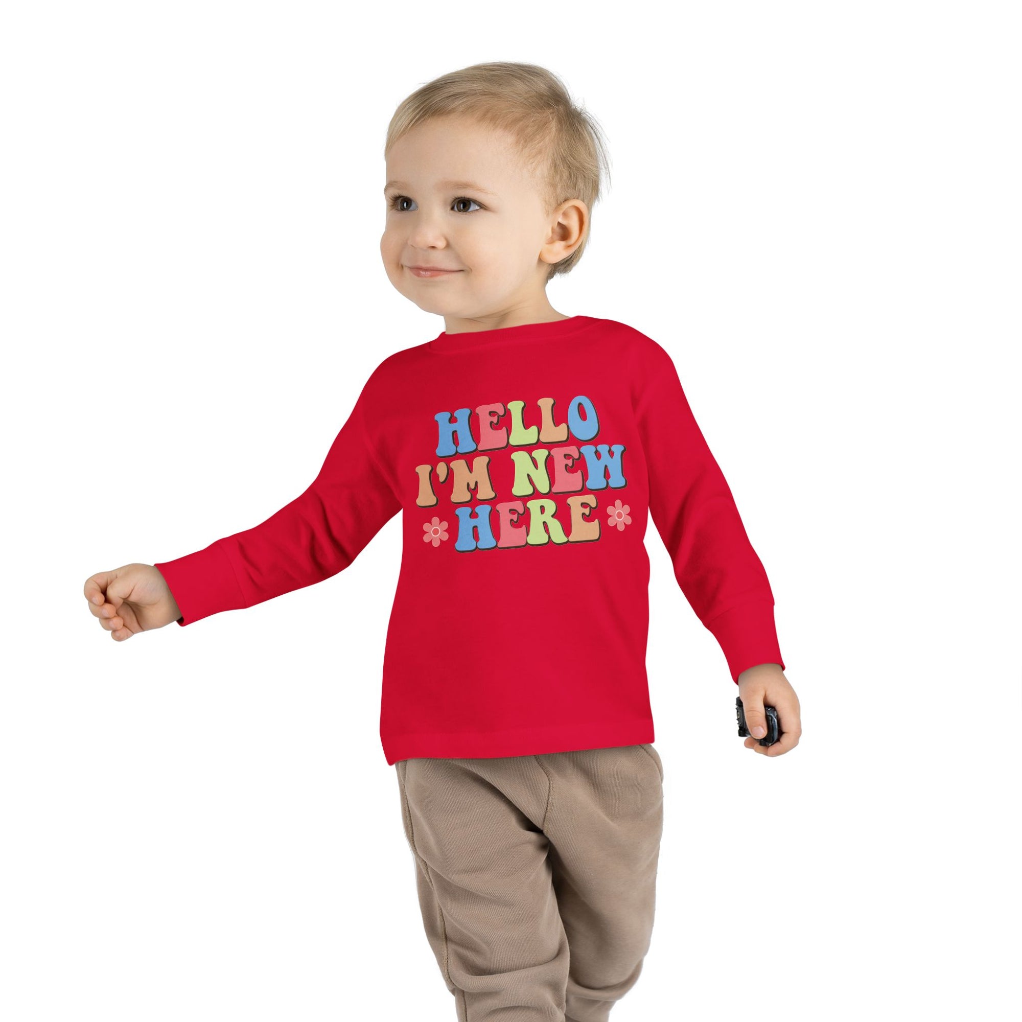 Toddler Long Sleeve Tee - "Hello I'm New Here" Playful Design for Newborns and Celebrations