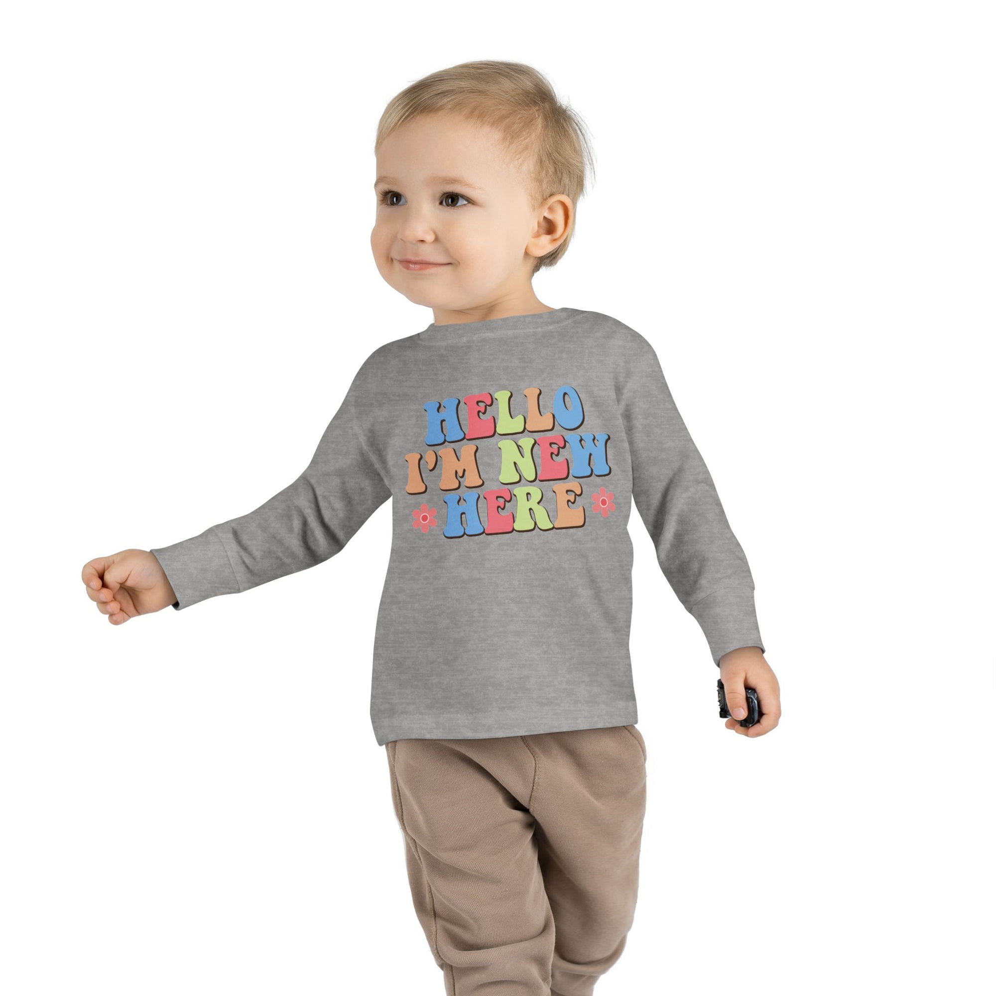 Toddler Long Sleeve Tee - "Hello I'm New Here" Playful Design for Newborns and Celebrations