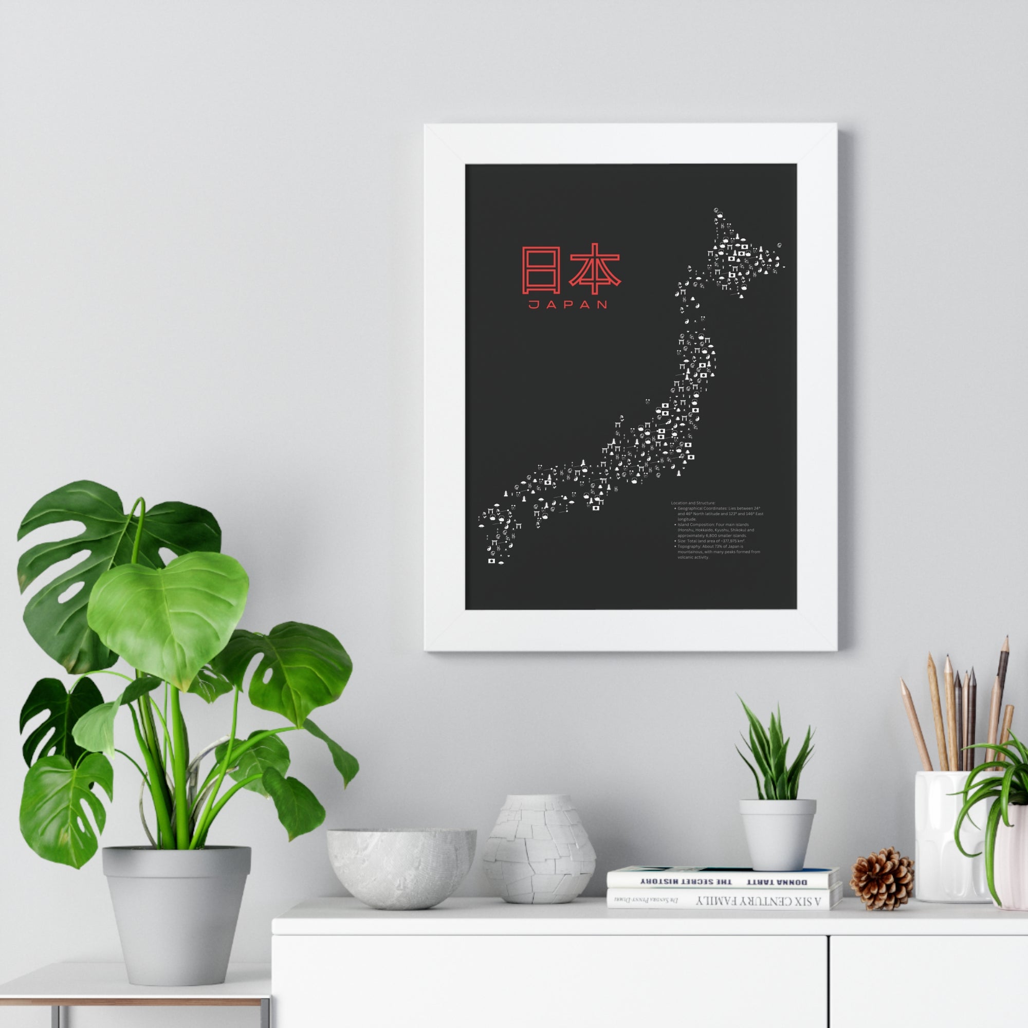 Aesthetic Japan Map in Black - Framed Vertical Poster