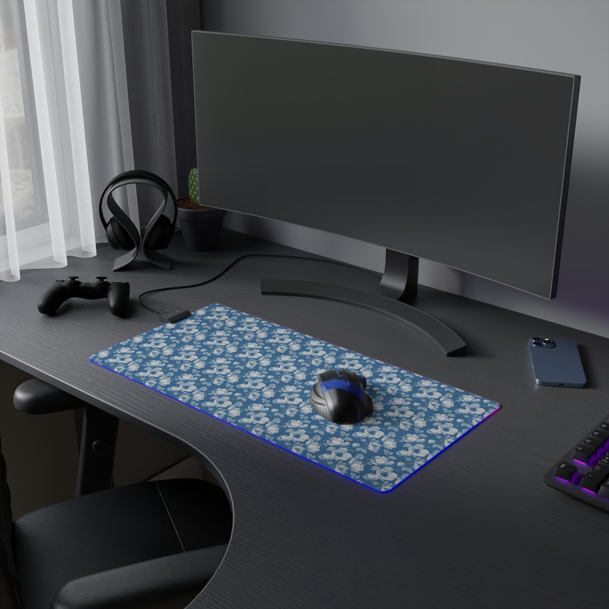 Floral LED Gaming Mouse Pad - Elegant Blue Design for Gamers