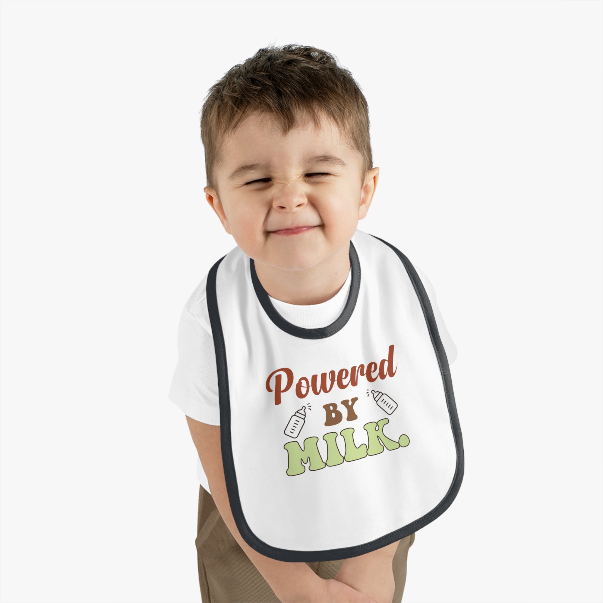 Powered by Milk Baby Bib - Cute Contrast Trim Jersey Bib for Infants