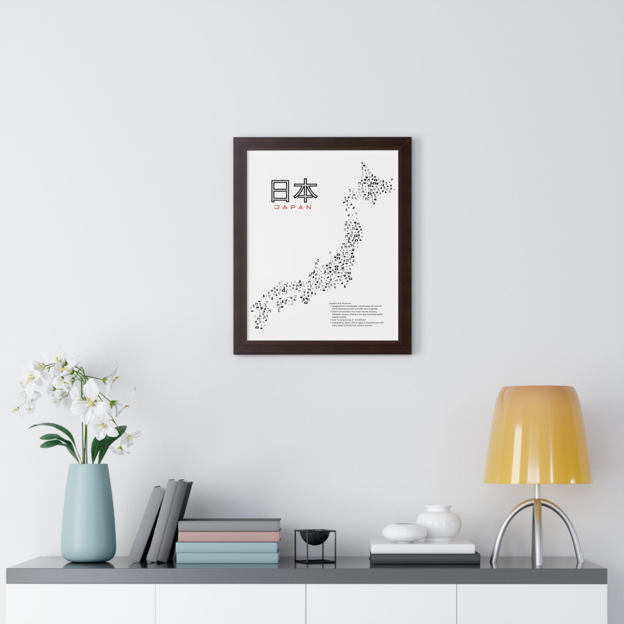 Aesthetic Japan Map in White - Framed Vertical Poster