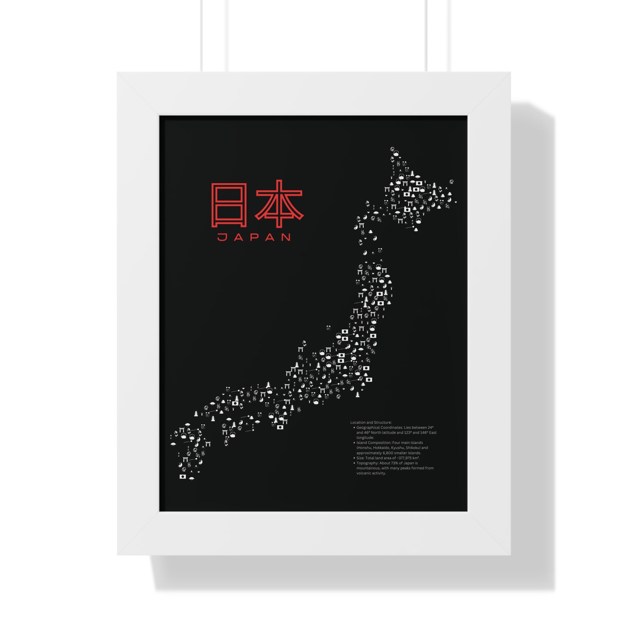 Aesthetic Japan Map in Black - Framed Vertical Poster