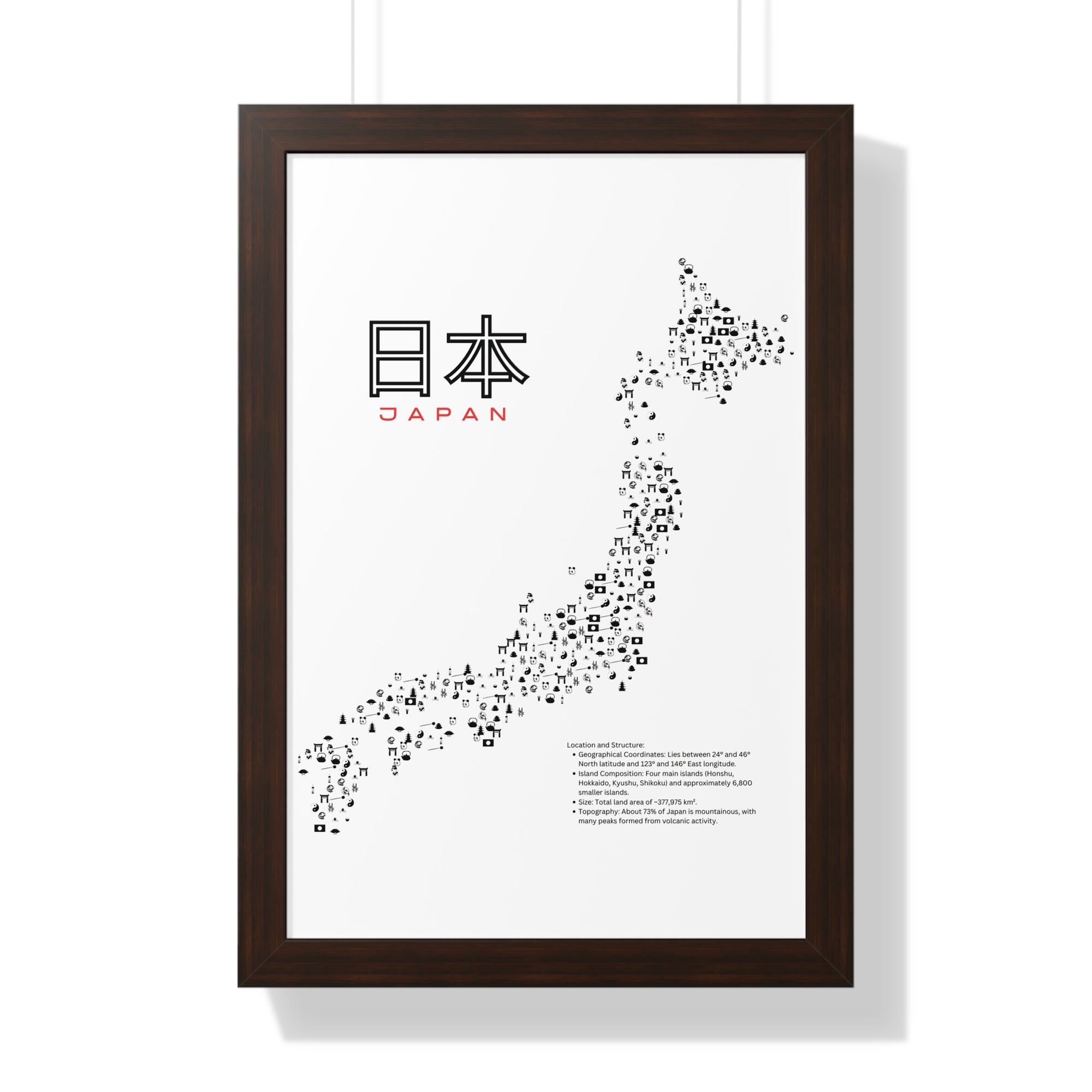 Aesthetic Japan Map in White - Framed Vertical Poster