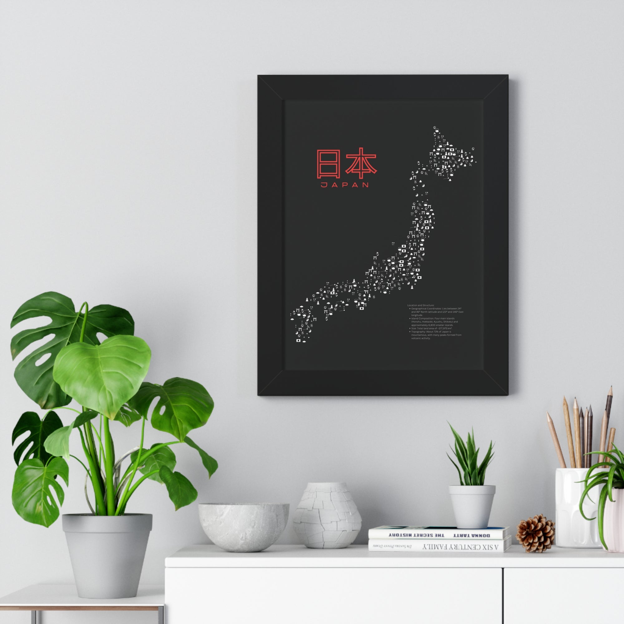 Aesthetic Japan Map in Black - Framed Vertical Poster