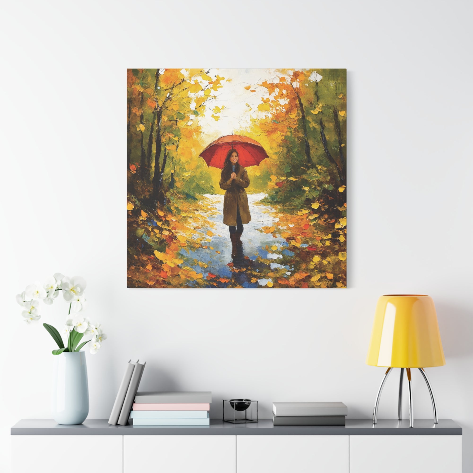 Autumn Serenity Canvas Wall Art, Perfect for Cozy Home Decor, Gift for Fall Lovers, Red Umbrella Art, Nature Photography Print