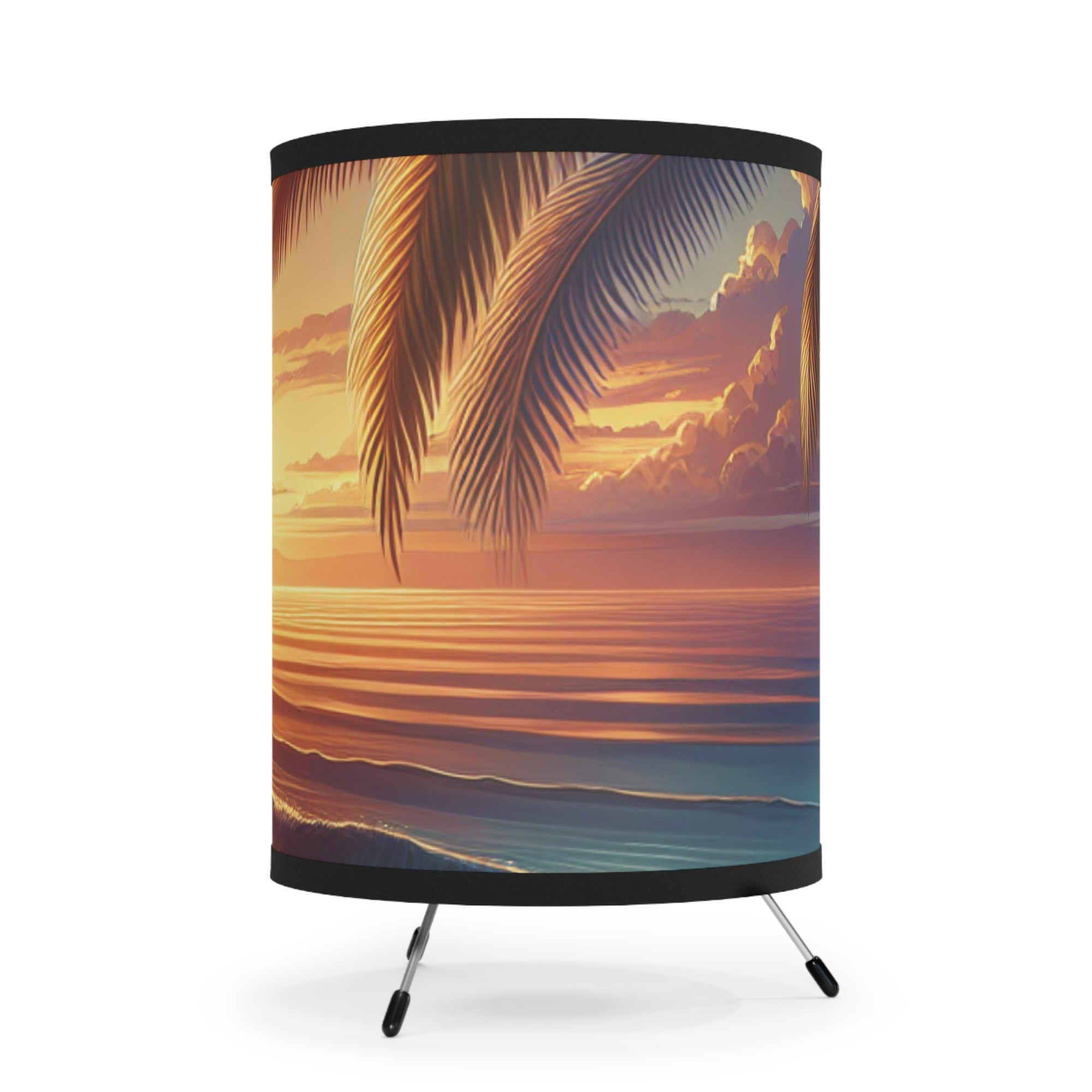 Tropical Sunset Tripod Lamp - High-Res Printed Shade for Relaxing Atmosphere