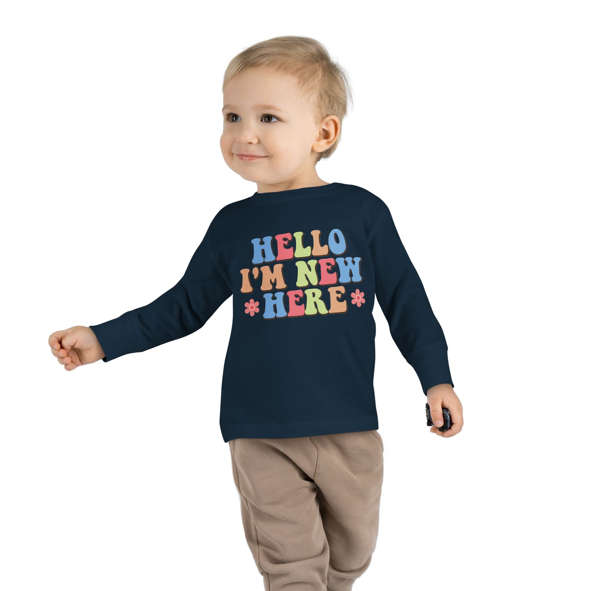 Toddler Long Sleeve Tee - "Hello I'm New Here" Playful Design for Newborns and Celebrations