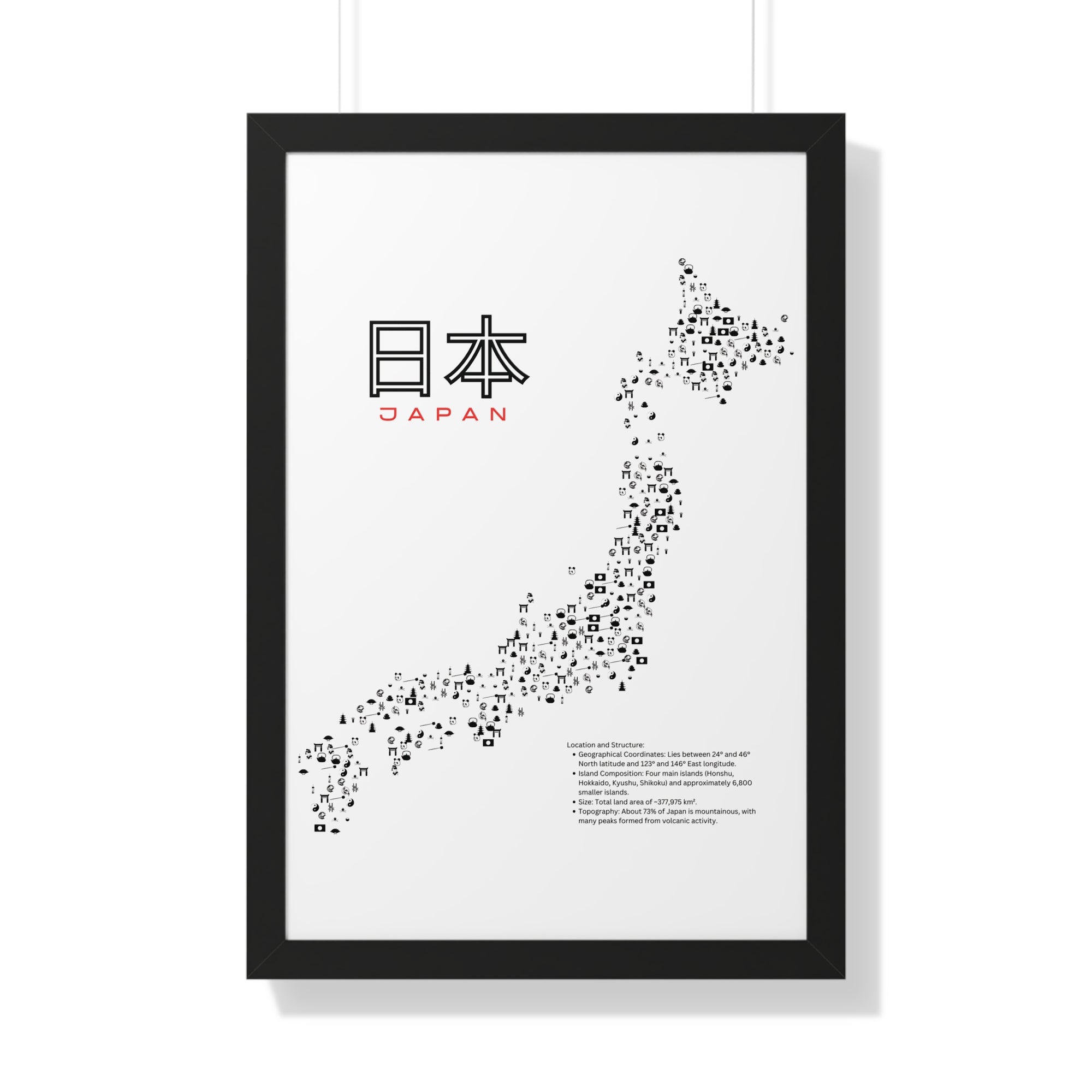 Aesthetic Japan Map in White - Framed Vertical Poster