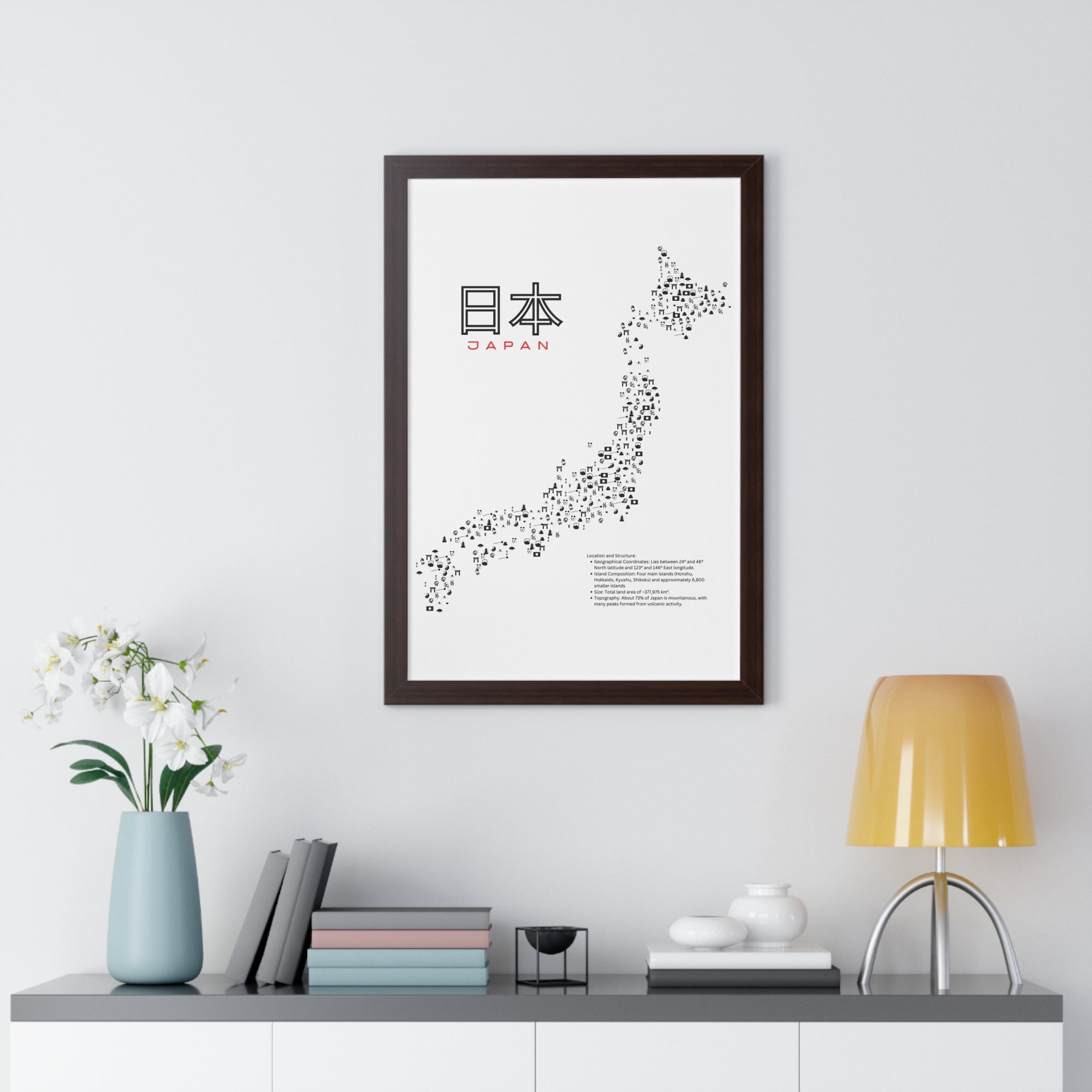 Aesthetic Japan Map in White - Framed Vertical Poster
