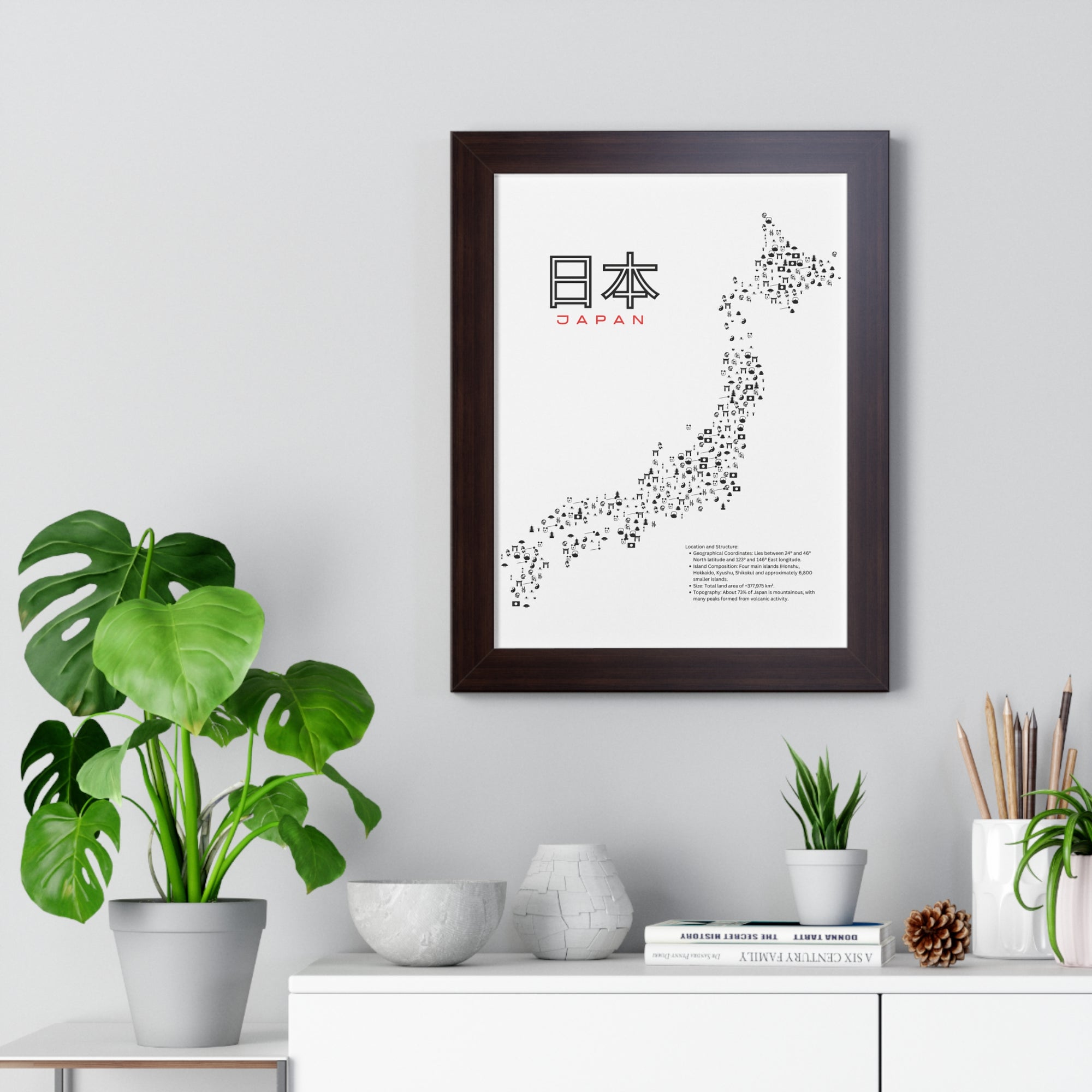 Aesthetic Japan Map in White - Framed Vertical Poster
