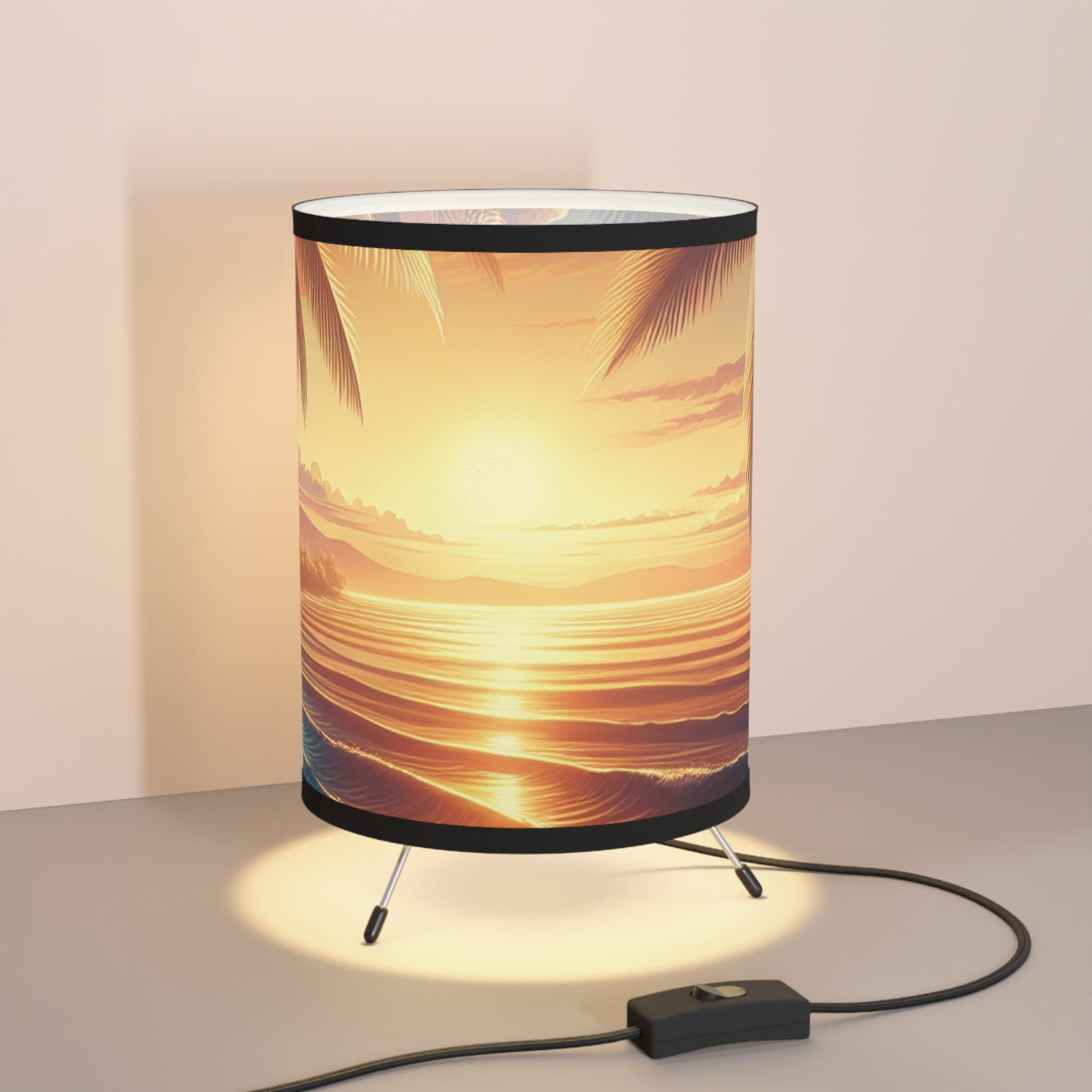 Tropical Sunset Tripod Lamp - High-Res Printed Shade for Relaxing Atmosphere