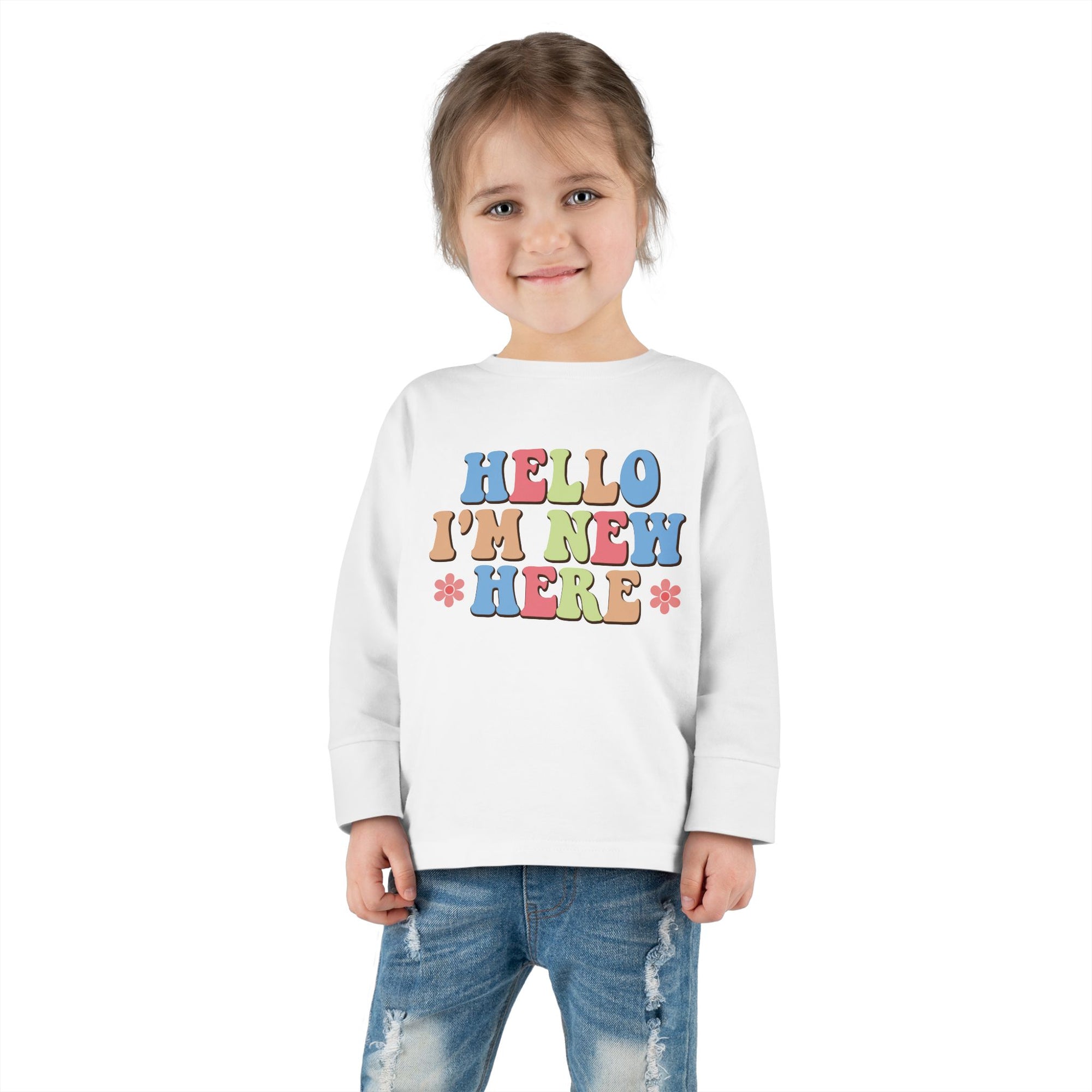 Toddler Long Sleeve Tee - "Hello I'm New Here" Playful Design for Newborns and Celebrations
