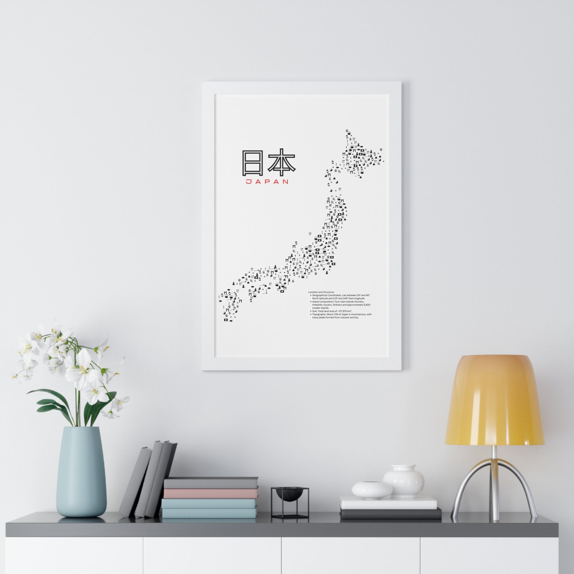 Aesthetic Japan Map in White - Framed Vertical Poster