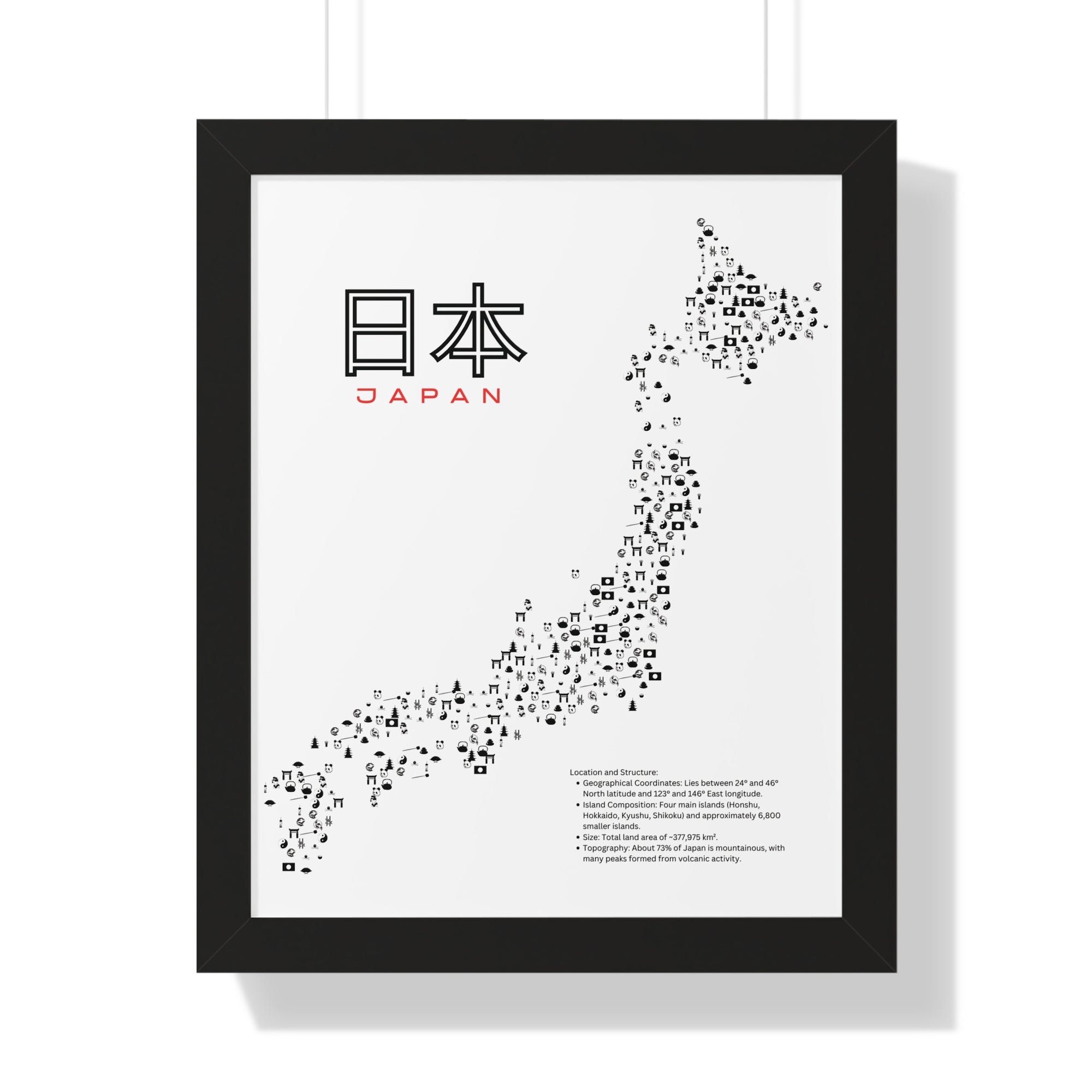 Aesthetic Japan Map in White - Framed Vertical Poster