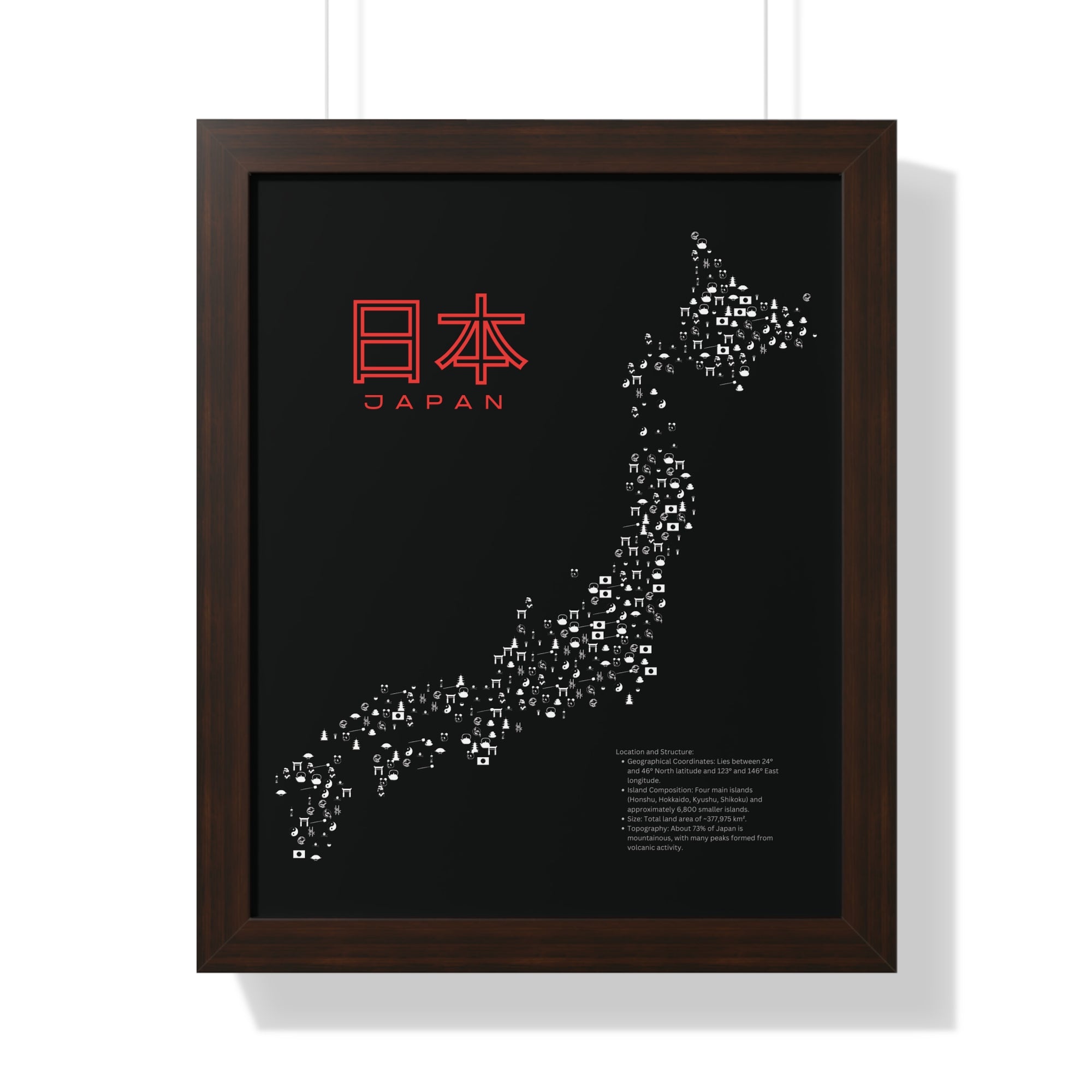 Aesthetic Japan Map in Black - Framed Vertical Poster