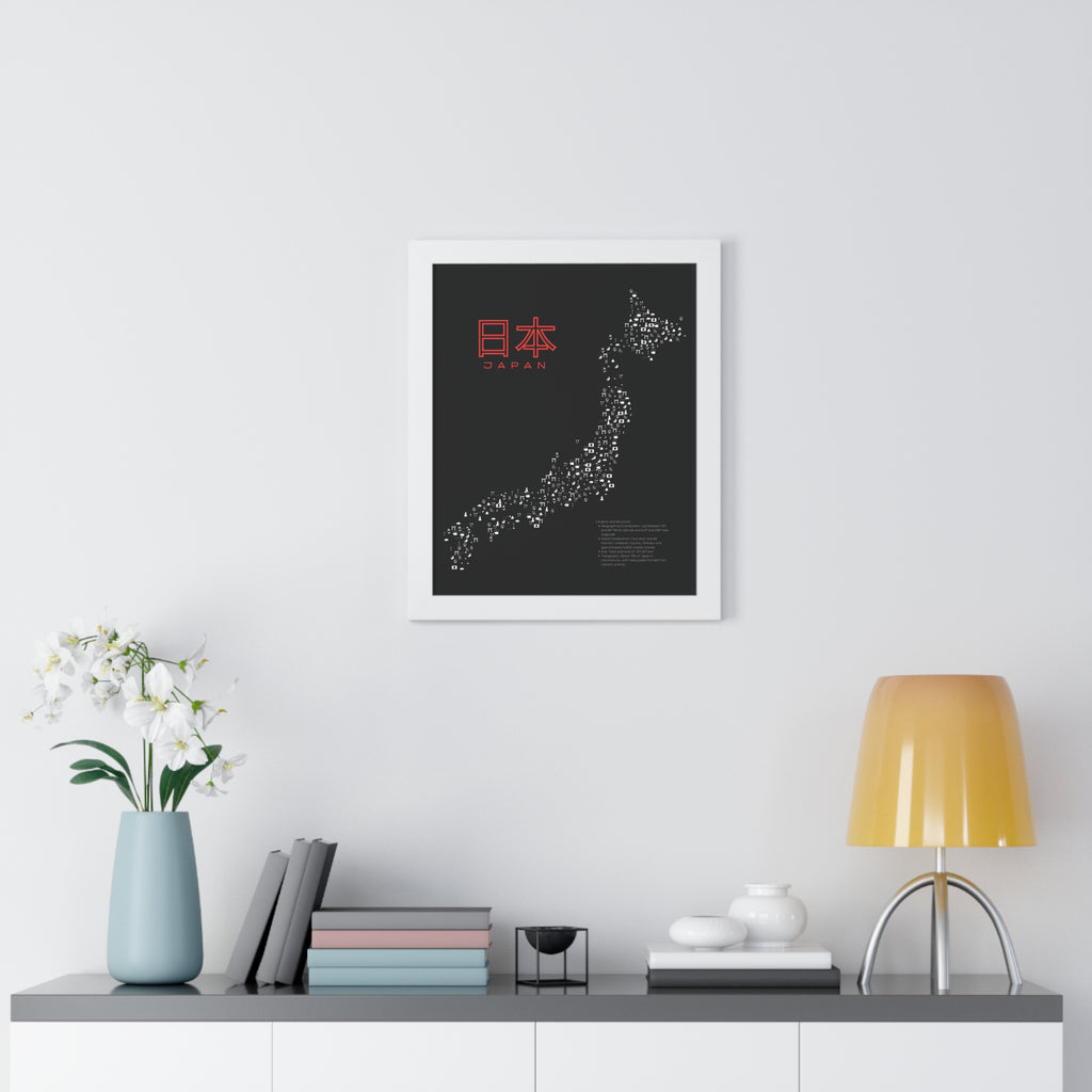 Aesthetic Japan Map in Black - Framed Vertical Poster