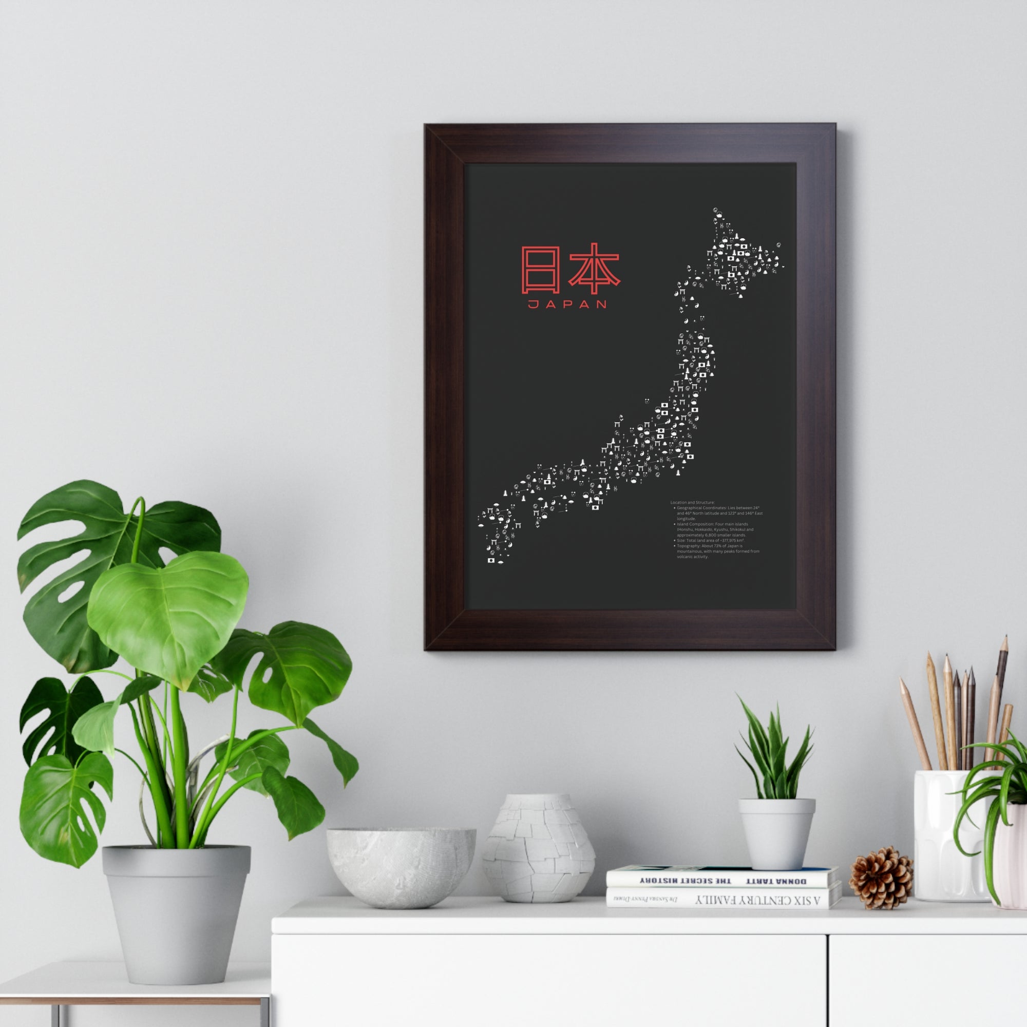 Aesthetic Japan Map in Black - Framed Vertical Poster