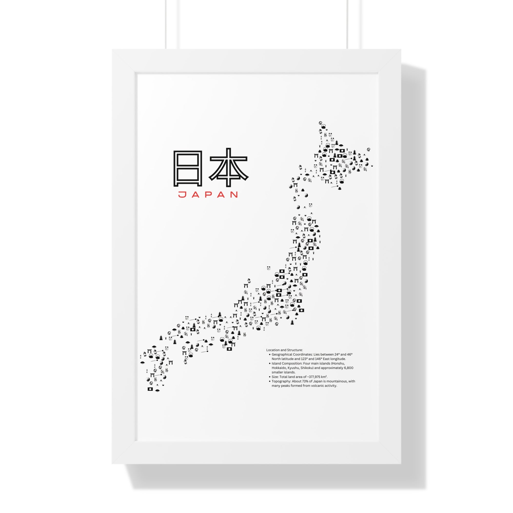 Aesthetic Japan Map in White - Framed Vertical Poster