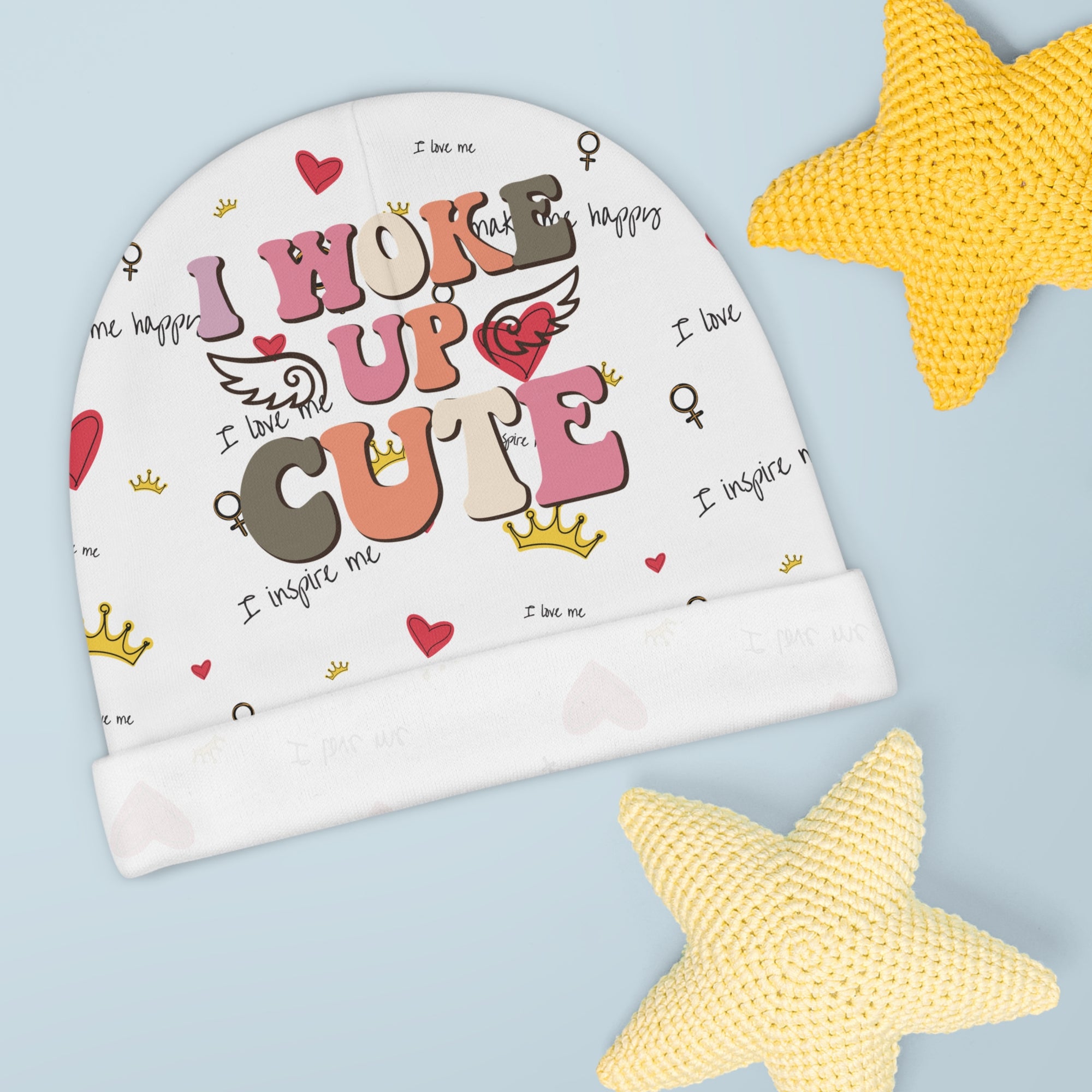 Cute Baby Beanie - "I Woke Up Cute" Design with Hearts & Wings