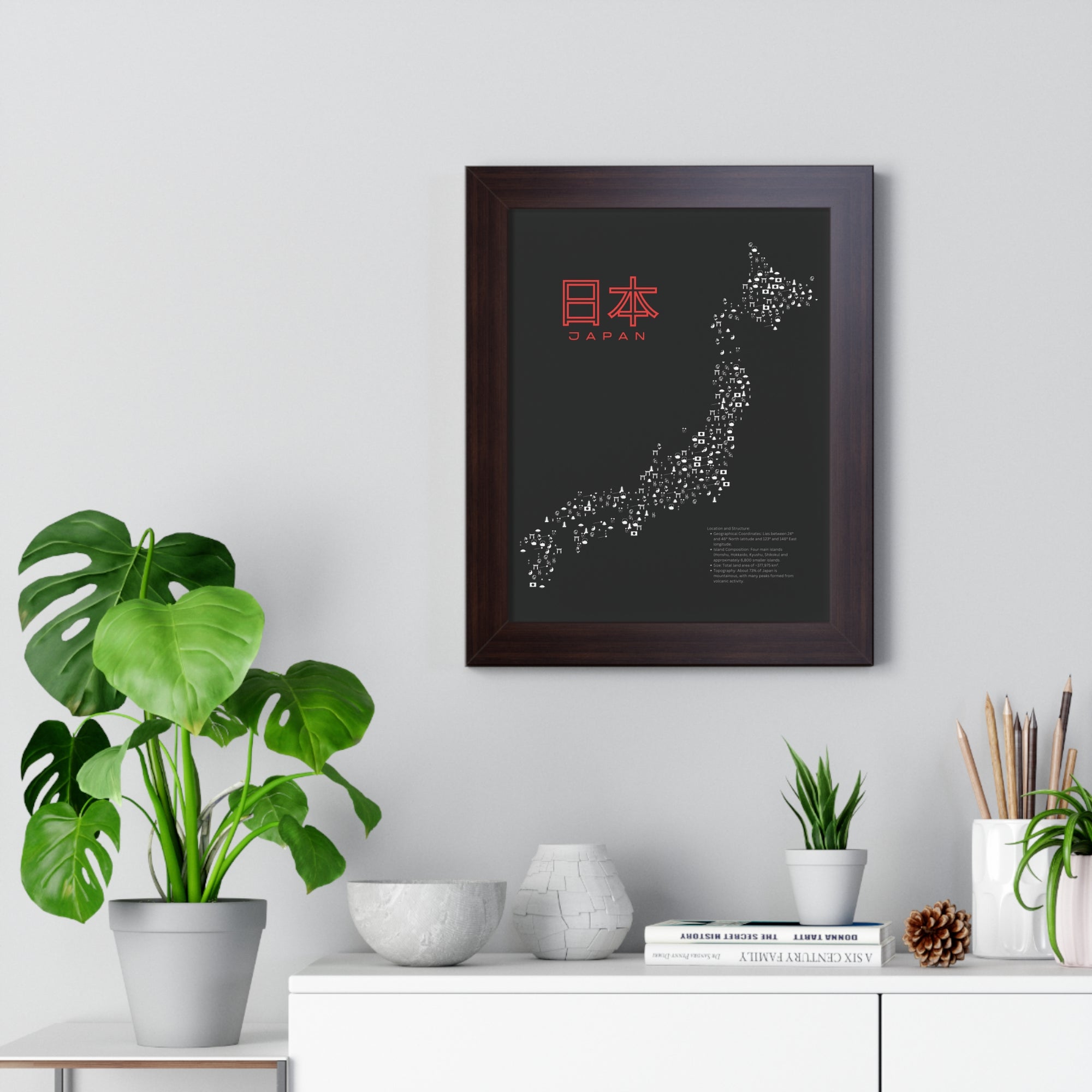 Aesthetic Japan Map in Black - Framed Vertical Poster
