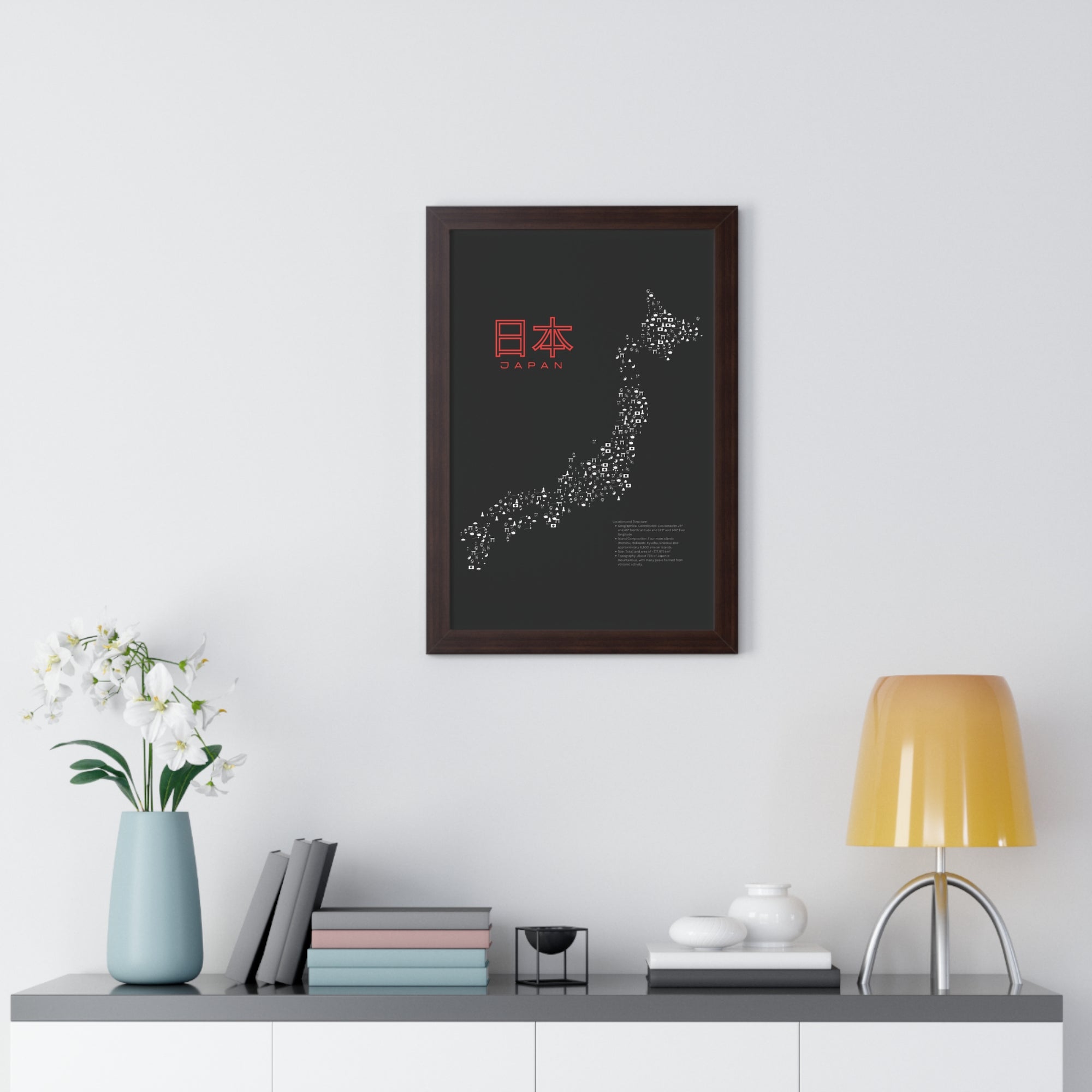 Aesthetic Japan Map in Black - Framed Vertical Poster
