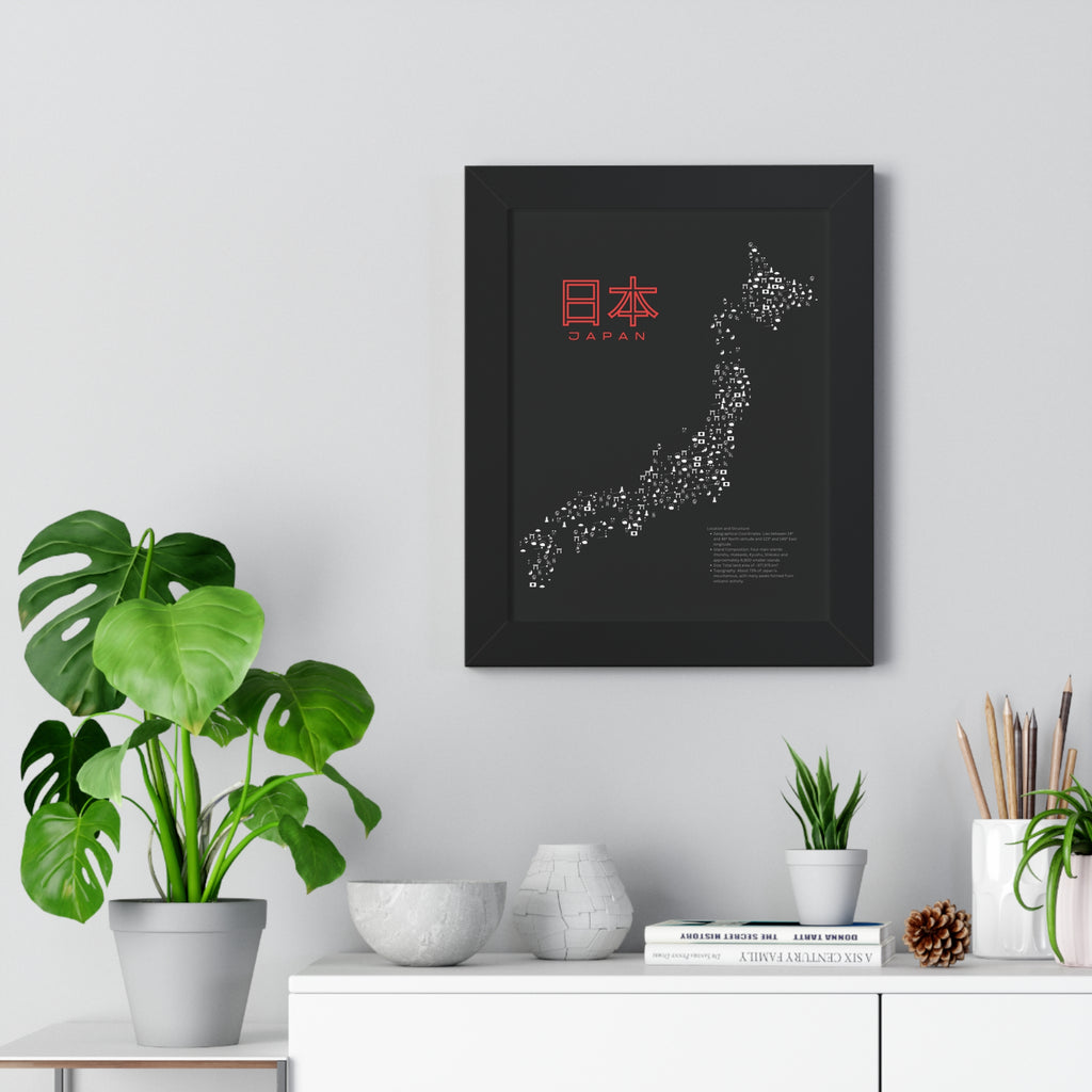 Aesthetic Japan Map in Black - Framed Vertical Poster