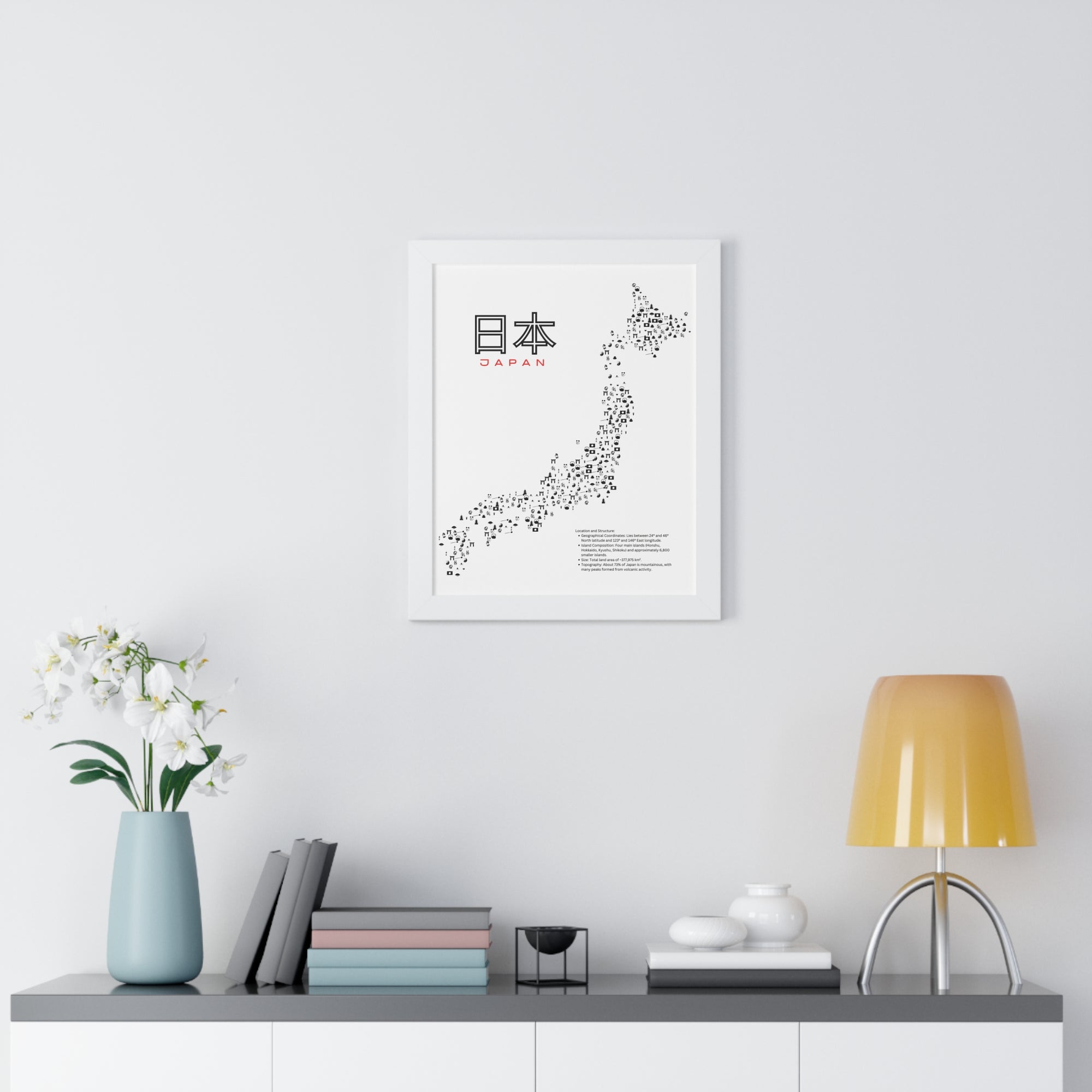 Aesthetic Japan Map in White - Framed Vertical Poster
