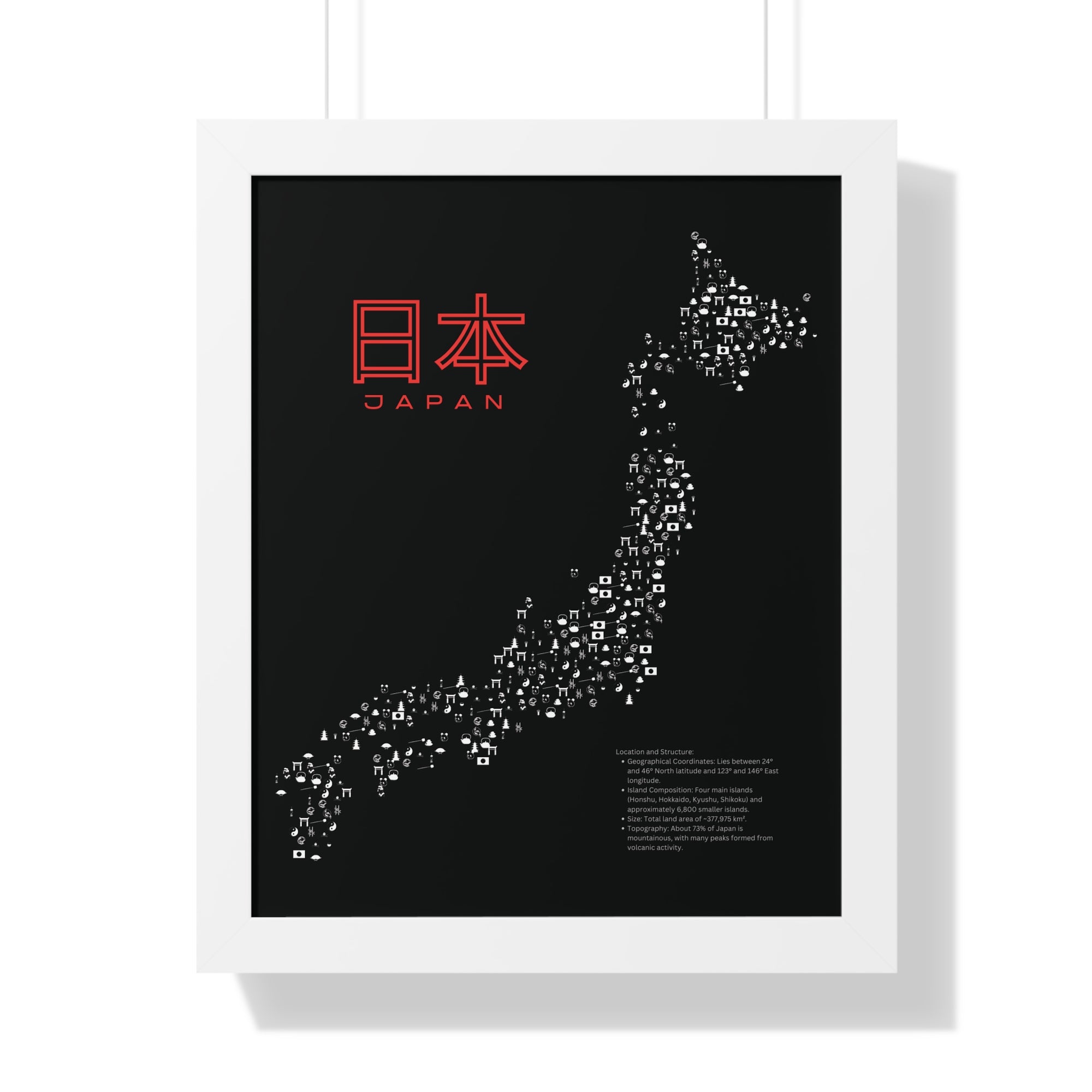 Aesthetic Japan Map in Black - Framed Vertical Poster