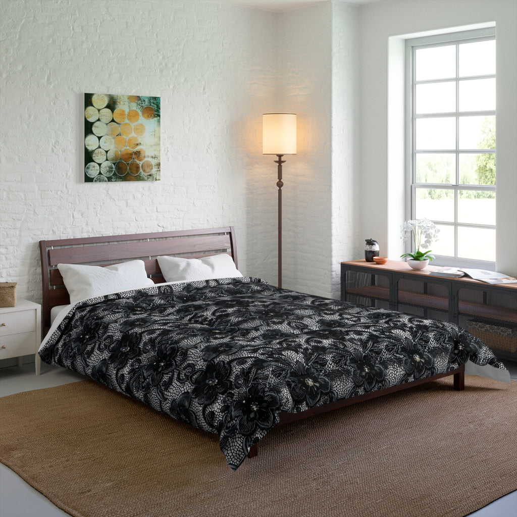 Elegant Black Floral Comforter - Cozy Bedding for Modern Bedrooms