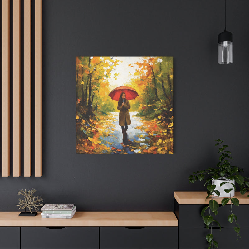 Autumn Serenity Canvas Wall Art, Perfect for Cozy Home Decor, Gift for Fall Lovers, Red Umbrella Art, Nature Photography Print