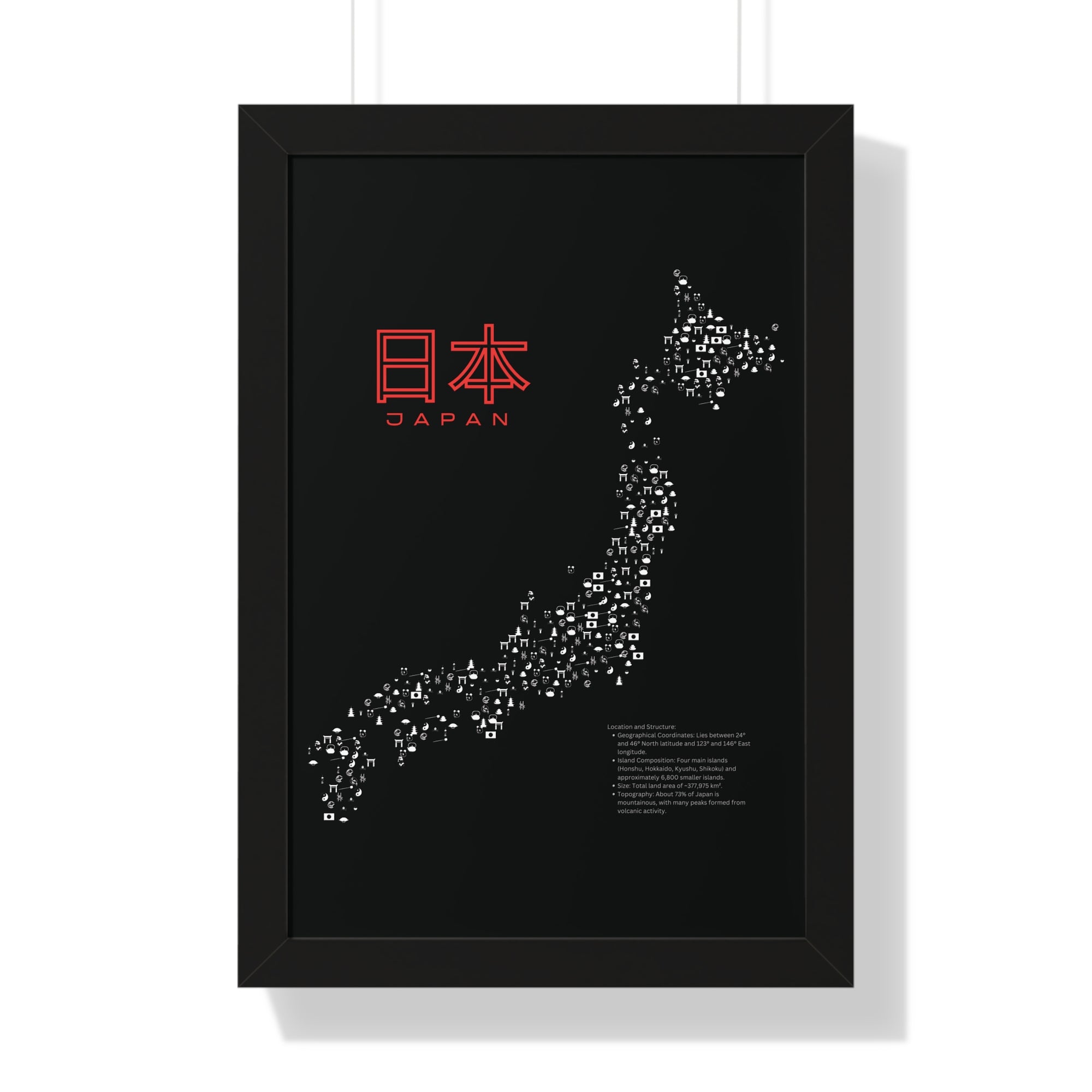 Aesthetic Japan Map in Black - Framed Vertical Poster