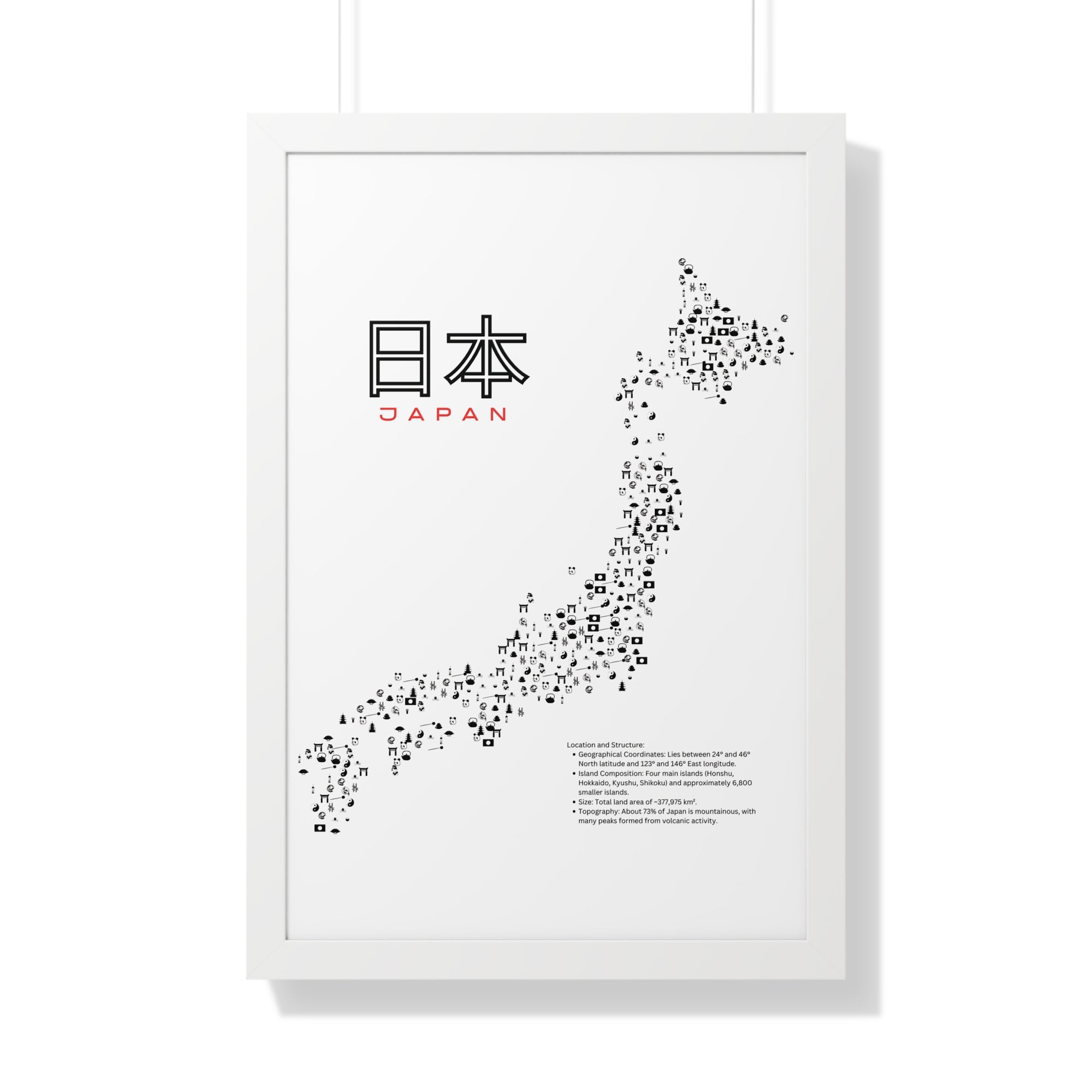 Aesthetic Japan Map in White - Framed Vertical Poster